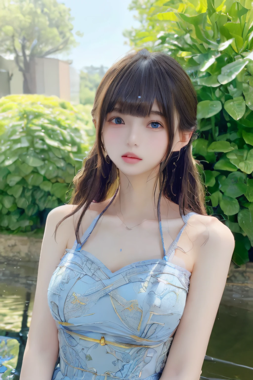 ((top-quality、8K、masuter piece:1.3))、女の子1人、a beautiful slender girl:1.3、(Random hairstyle、huge-breasted:1.2)、Wet clothes:1.2、hyperdetailed face、A detailed eye、二重まぶた、Rose embroidery、Butterfly application、Light blue dress、