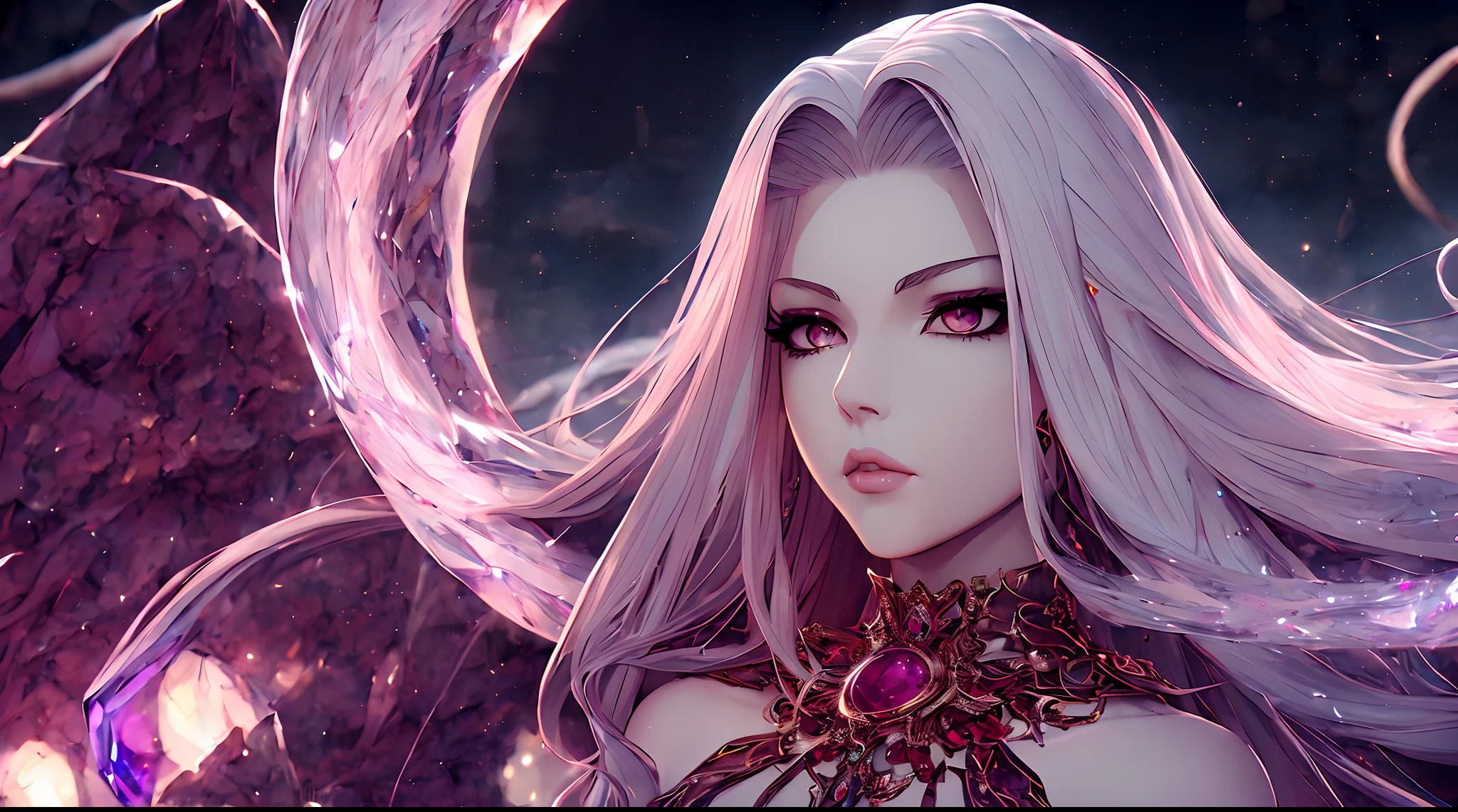 masterpiece, highest quality, (solo focus), (perfect face:1.2), (high detail:1.1),dramatic, (image size: 1024x580), Medusa, (pale skin), long white snake hair, white eyes, solo, moon, night, (medusa lying on a reflective ruby rock), pouty lips, , futuristic city, detailed background, anime, cinematic lighting,