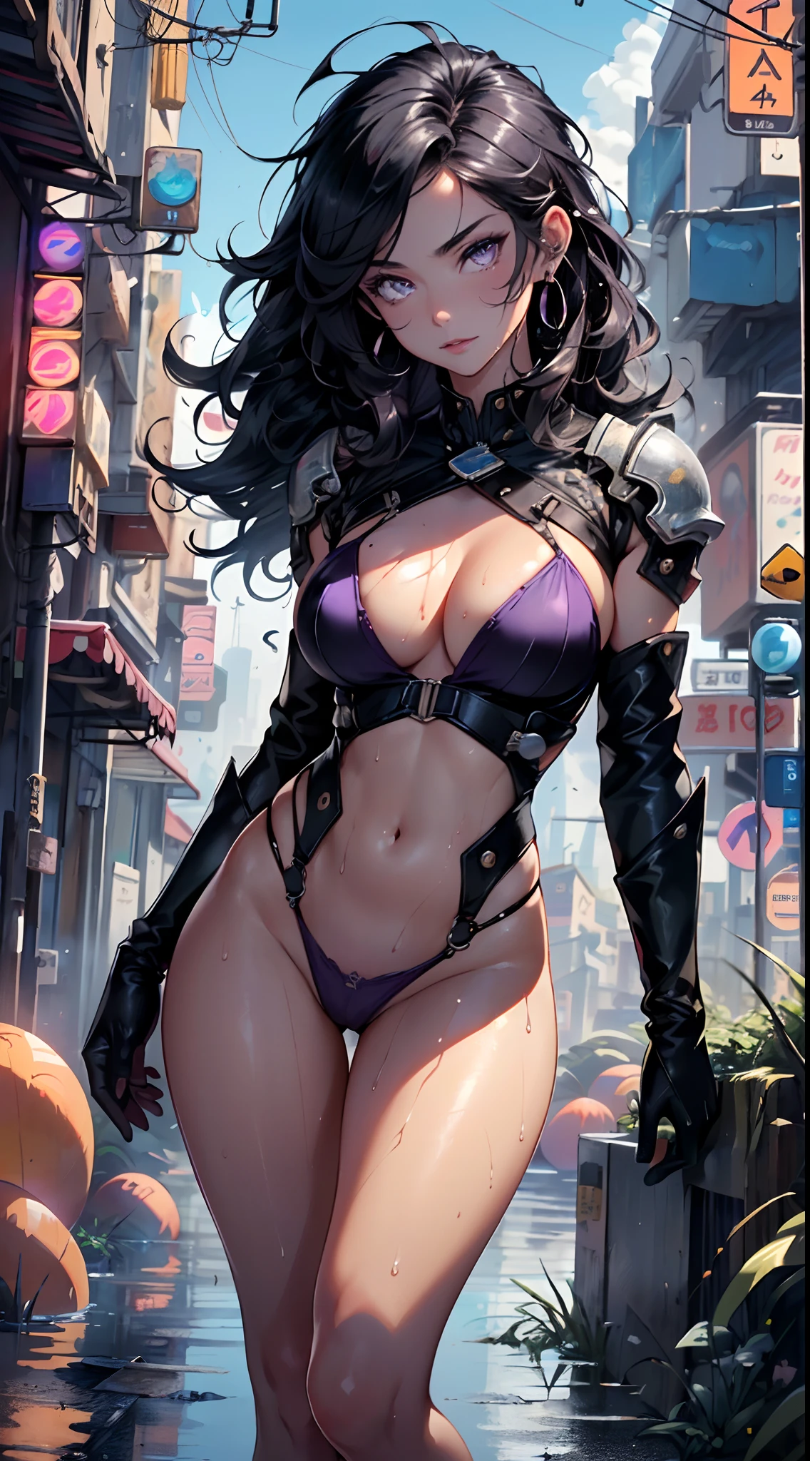 girl spacepunk,(((1girl))),((cute and beautiful black haired girl)),

(large breasts:1.4),saggy breasts,(((black wavy hair:1.35,absurdly long unkempt hair,messy hair,colored inner hair,ear breathing))),(((purple_eyes:1.3))),intricate eyes,beautiful detailed eyes,symmetrical eyes,((fat)),(((lustrous skin:1.5,bright skin: 1.5,skin tanned,shiny skin,very shiny skin,shiny body,plastic glitter skin,exaggerated shiny skin,illuminated skin,wet legs))),(spider lower abdomen,narrow waist,wide hip,athletic body,inflated legs,detailed body,(detailed face)),

cute,slutty,erotic,((nsfw)),

zettai ryouiki,revealing clothing,show skin,(wearing a mechanical space body armor:1.3,micro armor bikini,bare legs),with micro clothes,almost totally naked,with little clothing,tiny thong,generous neckline,(((wet clothes,intricate outfit,intricate clothes))),

dynamic pose:1.0,embarrassed,(centered,scale to fit dimensions,Rule of thirds),

cyberpunk city by the ocean at night, with bright neon signs and dark stormy clouds and puddles, scenery:1.25,

artistic photography,(photography taken by sldr),highres, sharp focus, (ultra detailed, extremely detailed), (photorealistic artwork:1.37),(extremely detailed CG unity 8k wallpaper),((synthwave background theme)),(((vibrant colors))),(intricate background),(masterpiece),(best quality),