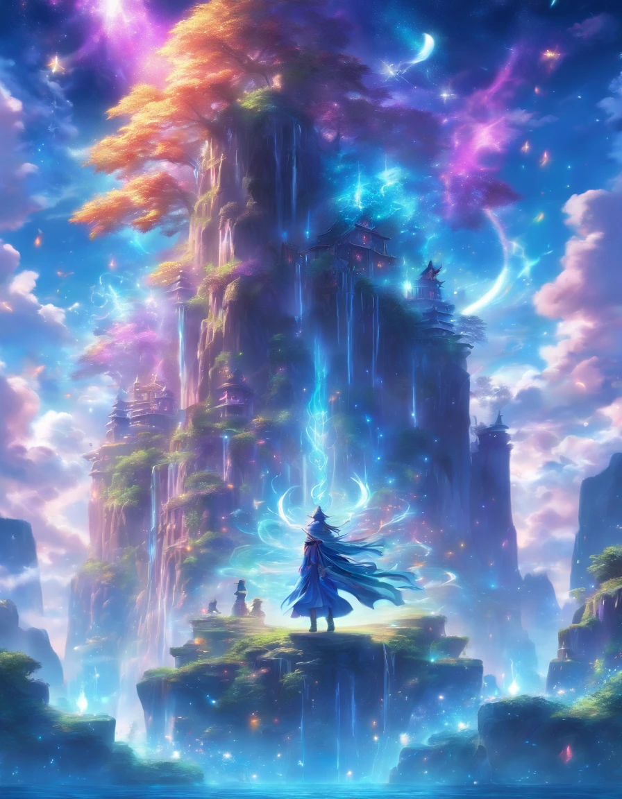 (best quality,4k,8k,highres,masterpiece:1.2),ultra-detailed,(realistic,photorealistic,photo-realistic:1.37),flamboyant colorful mage,wonderful multi colored spells,fantasy environment,magical atmosphere,sparkling lights,spellbinding,mesmerizing glow,ethereal aura,enchanting scenery,mystical elements,vibrant colors,fantastic fantasy creatures,spell-casting gestures,mystical symbols,deep purple sky,lush green foliage,twinkling stars,floating islands,shimmering waterfalls,mysterious mist,ancient ruins,floating crystals,celestial energy,whimsical atmosphere,elaborate robes,glowing staff,crystalline magic,wisps of magic,arcane knowledge,dreamlike landscape,otherworldly realms,spectacular visual effects,luminous skies,surreal dreamscapes,dynamic perspectives,impressive magical powers,intricate details,awe-inspiring beauty,dimensions of reality,unleashing untamed magic,interdimensional gateways,limitless imagination,majestic scenery,unforgettable journey.