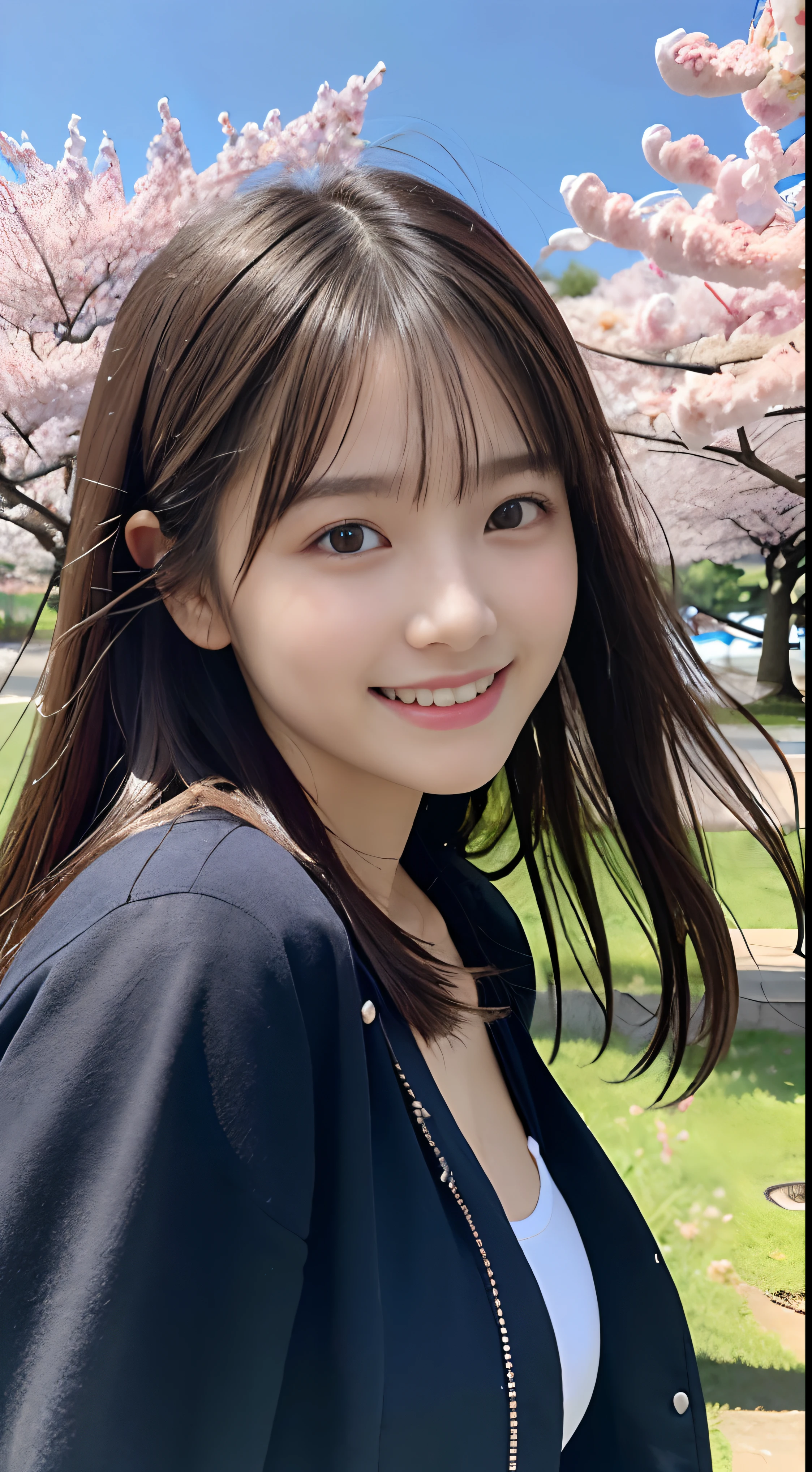 (Close-up portrait of a girl with thin small breasts and long hair with dull bangs on jacket and shirt:1.5)、(Dancing with a smile、Girl with hair blowing in the wind :1.5)、(Blue sky and cherry blossoms in full bloom:1.5)、(cleavage of the breast:1.1)、(Perfect Anatomy:1.3)、(No mask:1.3)、(complete fingers:1.3)、Photorealistic、Photography、masutepiece、top-quality、High resolution, delicate and pretty、face perfect、Beautiful detailed eyes、Fair skin、Real Human Skin、((thin legs))、(Dark hair)