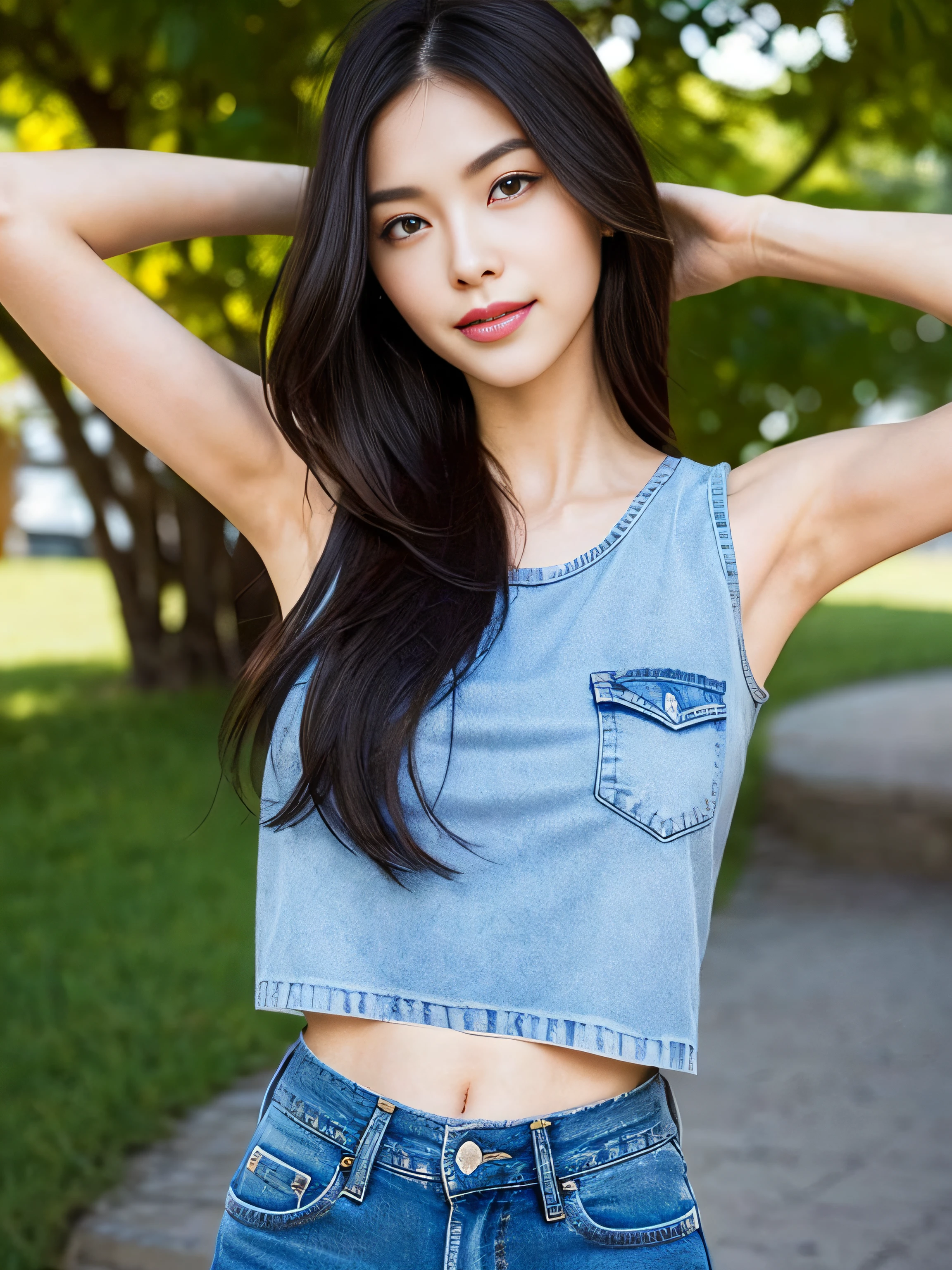 infp young woman、Female figure from the front from the top of the head to the thighs、low rise jeans、The navel is visible、The navel does not hide in jeans、Slender single-eyelid eyes、thin lipss、nose with nostrils not pointing upwards,,,、skinny、thin lipss、　The woman's face is clearly visible、Constricted waist、face facing front、　elongated eyebrows、The top of the head is not hidden、adult lady、slender but well-proportioned body,,,、Both eyes are not hidden by the hair、Hair growing around the arms and navel、Shave marks on the sides、The navel is visible、a smile、Short shirt、Boyish shorthair、Suppin's face、Shapely streaked nose