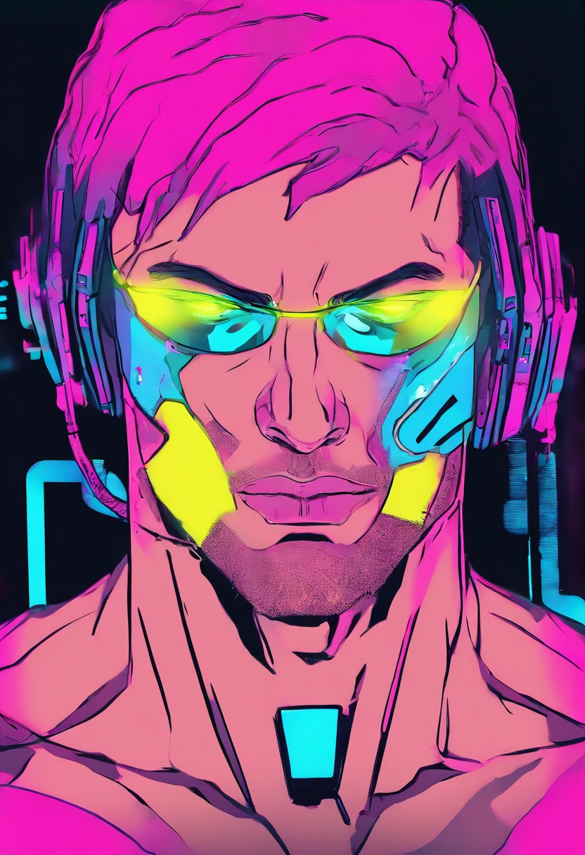 1 Muscular man, ((Cyberpunk 2077 inspired style)), Short hair, Black hair, Left eye scarred
