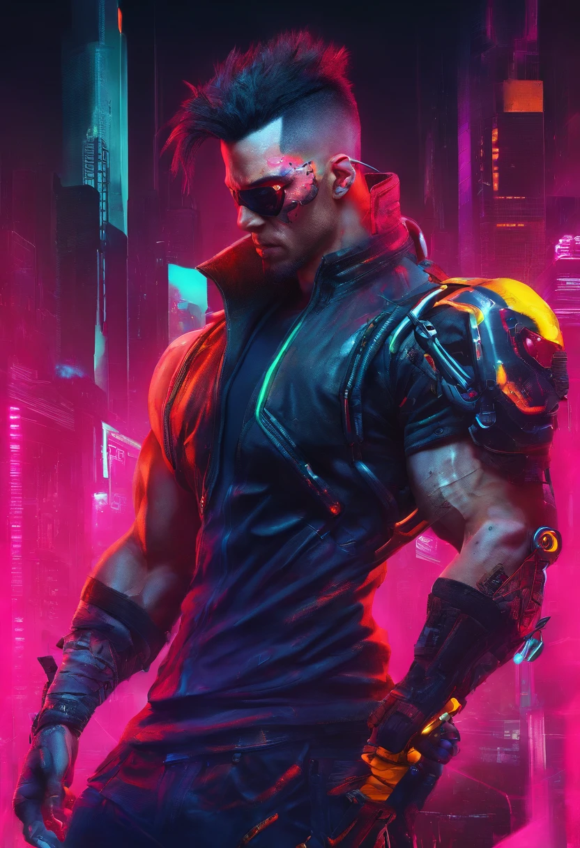 Cyberpunk modified man, tattooed man, cyberpunk city, neon cyberpunk city