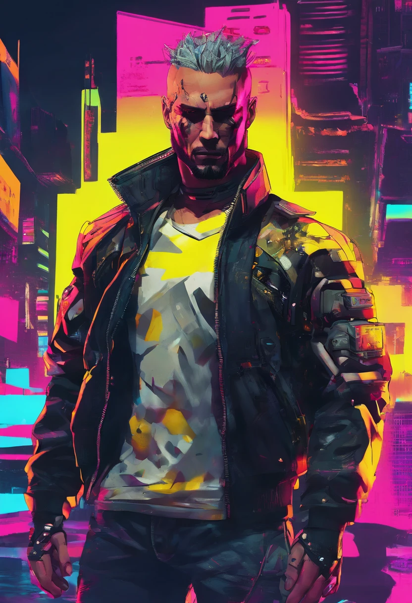 1 Muscular man, ((Cyberpunk 2077 inspired style)), Short hair, Black hair, Left eye scarred