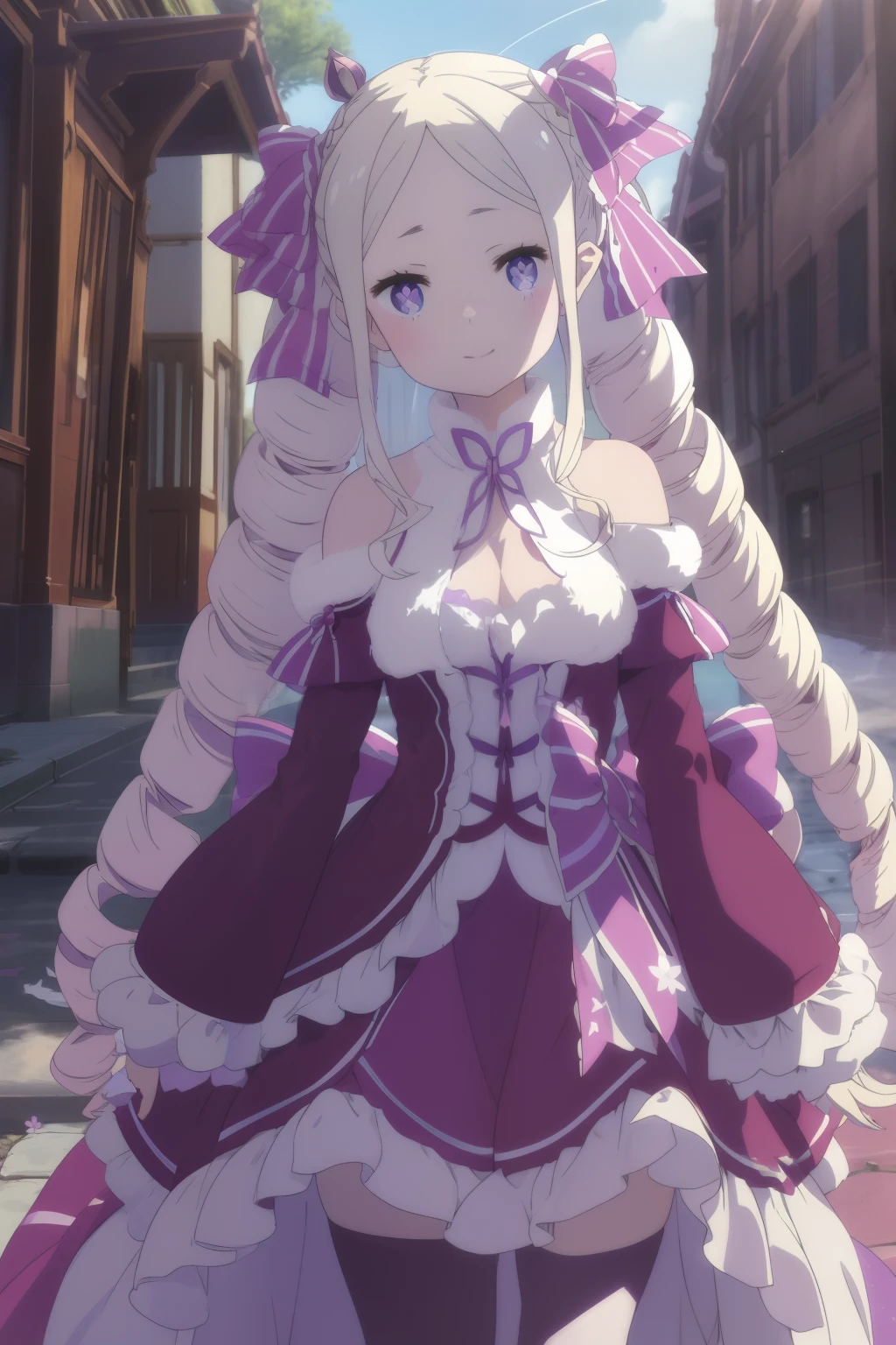 Emilia, Happy, A slender, skiny, flat-chest, bare shoulders, Delicate and sexy collarbone, is standing, 1girl in, bangss, bare shoulders, bluntbangs, bblurry, blurry backround, Blurred foreground, red blush, Braids, breastsout, cleavage of the breast, clouds, Crown braid, tag, depth of fields, Separate sleeves, doress, Emilia_\(Re:Staynight\), eyebrows visible through hair, florals, Pedras preciosas, flower in hair, hair adornments, Hair Ribbon, lensflare, length hair, looking at viewerer、long hair with a low tie、Medium chest、one eye closed、outside of house、pleatedskirt、pointy ear、a purple eye、Purple Ribbon、bow ribbon、Silver hair、skirt by the、Skysky、A smile、独奏、Very long hair、white blossoms、full body Esbian、wide Shots、top-quality、hight resolution,lip stick,Erotic look,Glossy lips