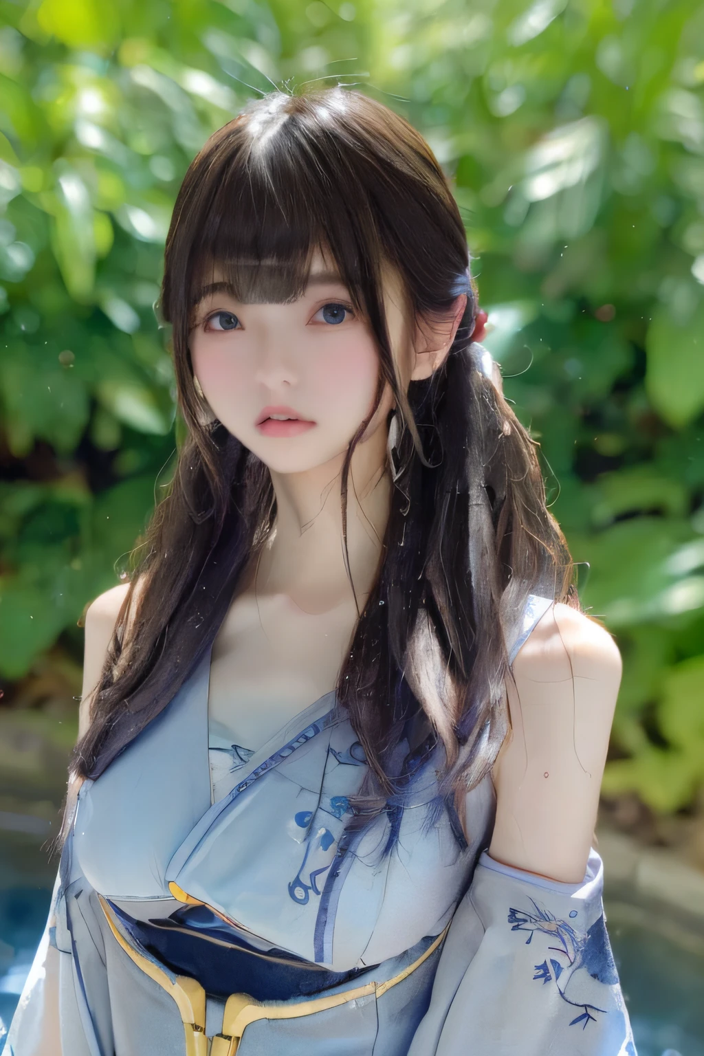 ((top-quality、8K、masuter piece:1.3))、1人、a beautiful slender girl:1.3、(Random hairstyle、huge-breasted:1.2)、Wet clothes:1.2、hyperdetailed face、A detailed eye、二重まぶた、Rose embroidery、Butterfly application、Light blue dress、