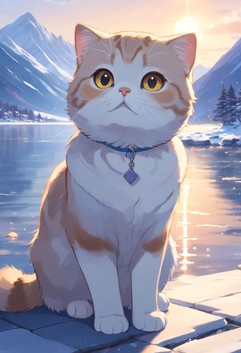 Scottish Fold cat, Close-up. Lakeside, snowy mountains..