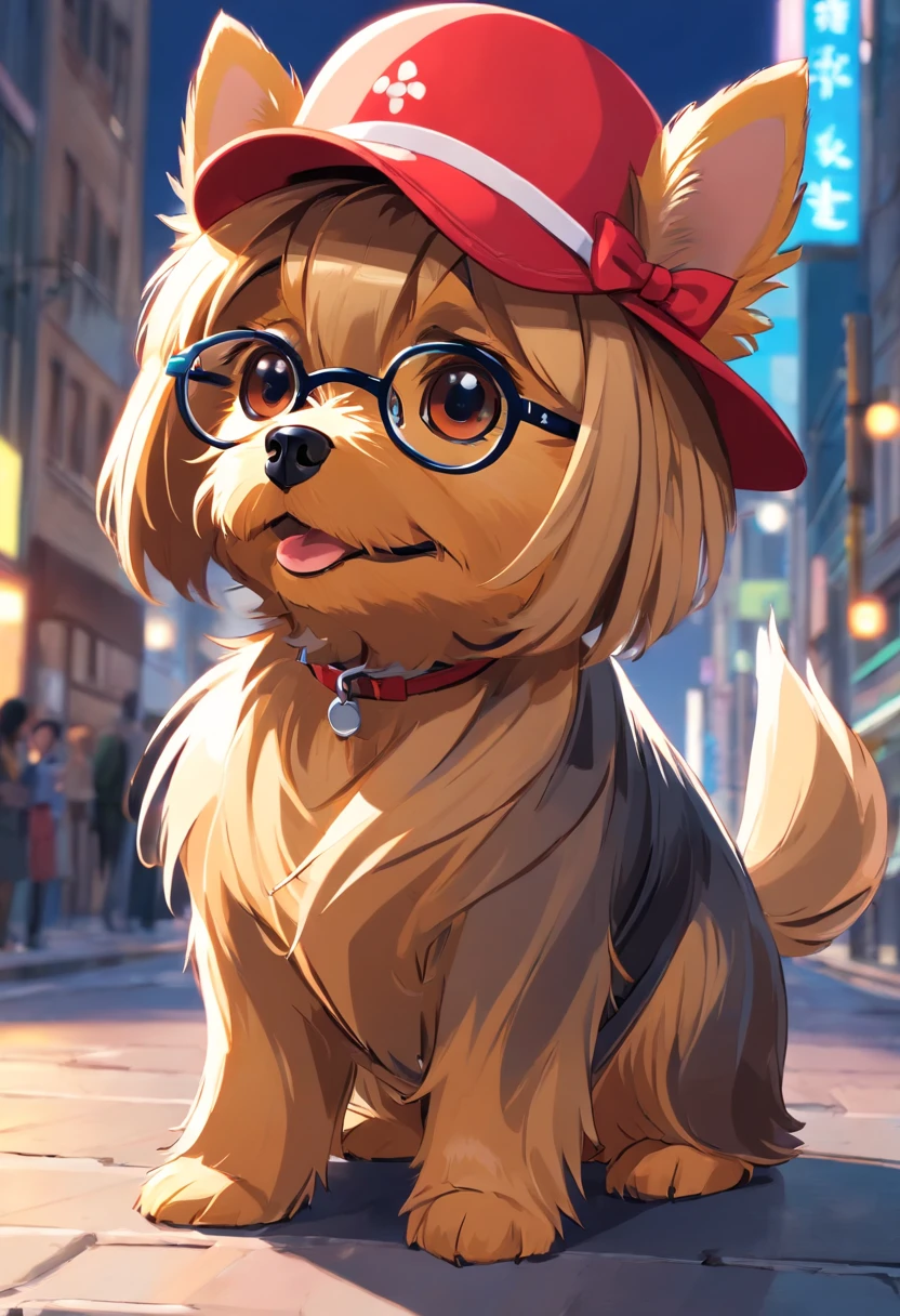 Yorkshire Terrier, . .. .。.。.。.3D, 8K, artwork of a, High quality, Wearing a red hat,Wear cool glasses