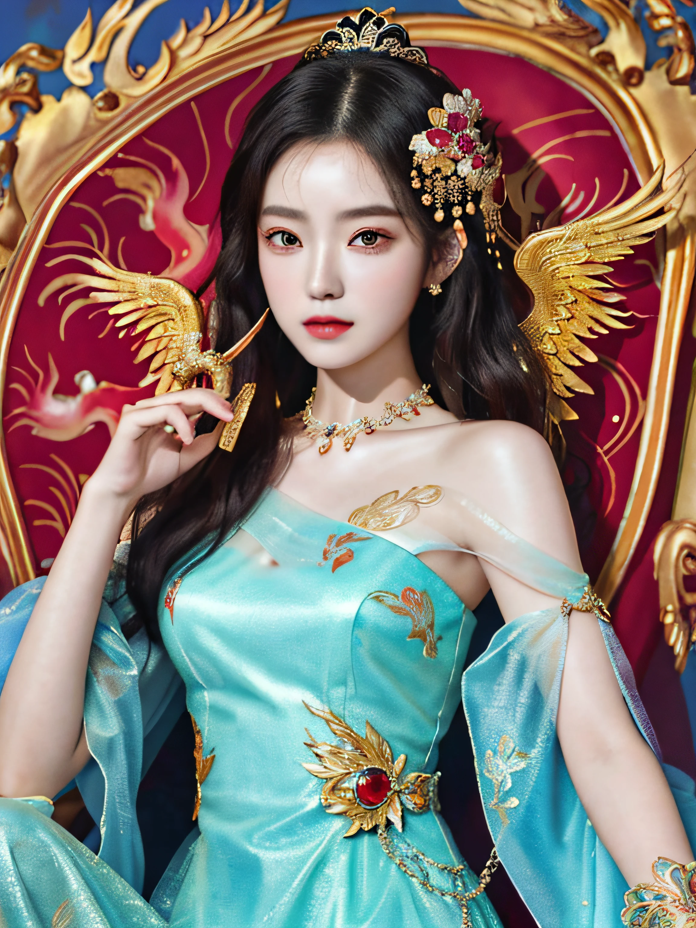 A Chinese girl sitting on a throne, a throne encrusted with precious stones, surrounded by Chinese phoenix beasts, gold and ruby color, unique monster illustration, Dau al set, high resolution, a painting, dense composition, playful repetition, precious stones, crystals, gold, detailed paintings, unique monster illustrations, super fine details, realistic, super high resolution, complex, super detail, (skin dents), cute, feminine, detailed body, (Detailed face: 1.1), (contoured iris), (watercolor lenses), (perfect eyes), 4k, gorgeous, (masterpiece: 1.2), (best quality: 1.2), hanfu long dress, shiny dress, (transparent dress :1.2) off shoulder, dynamic pose, rich colors, film light and shadow,red and golden clothes