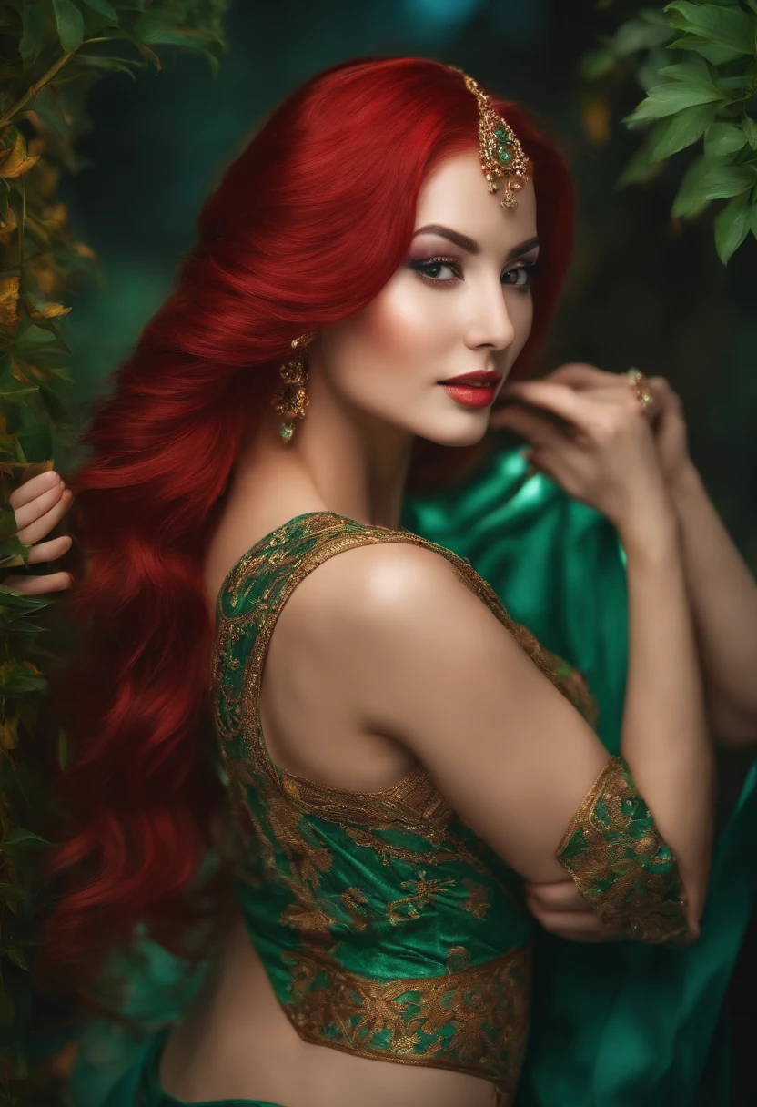 A girl in her thirties red bright hair like a flame, shining emerald eyes, lithe figure fit for dancer or acrobat. Fantasy oriental harem