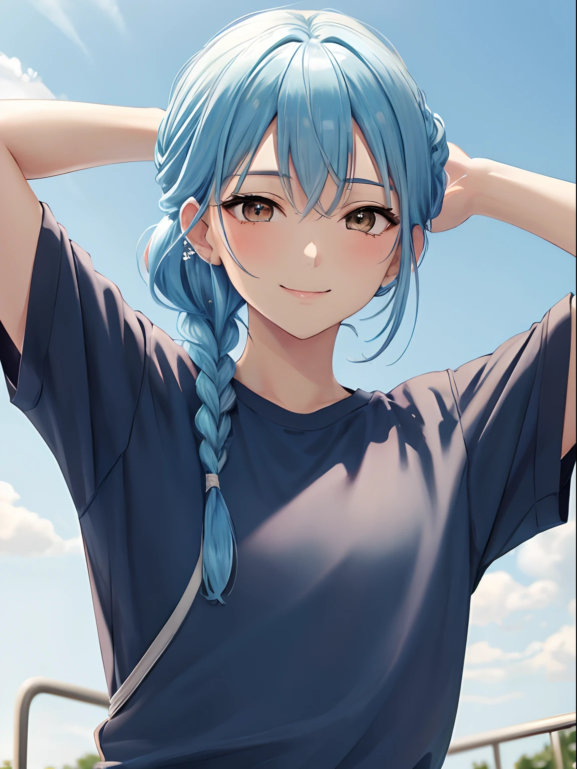 masterpiece:1.2, best quality, ((ultra detailed)), high resolution, 2d, anime style , photo, photography, detailed background, ((medium hair,light blue hair, asymmetrical hair , side braid,half updo))
BREAK
solo,(droopy eyes:1.3),thirty years old, (tall face, tall female)), (( brown eyes;1.2 )),
BREAK
dynamic pose,smile ,beautiful sky, cloud, background, school gym clothes
BREAK
pastel colors:1.4, solid paint:1.2, saturated color, contour
