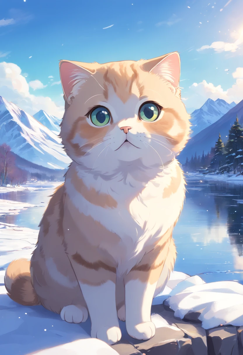 Scottish Fold cat, close up. Lakeside, snowy mountains..