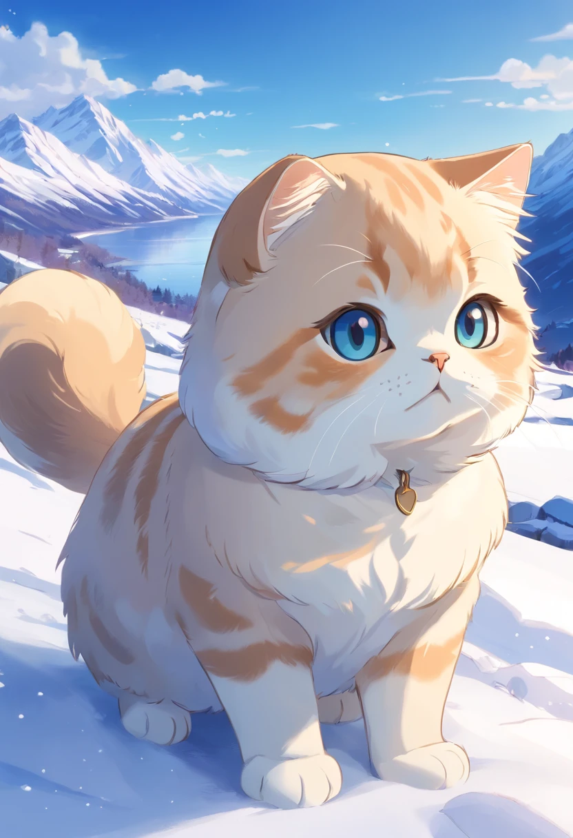 Scottish Fold cat, close up. Lakeside, snowy mountains..