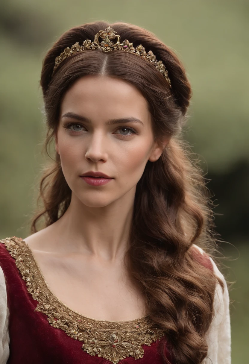 (((Una profunda herida rojiza cruza su mejilla izquierda))) tez clara, Kate Beckinsale as a woman of around 19 years old, cabello blanco natural, Ojos verdes distintivos, Uso de Kohl, Delgado y elegante, Beautiful, Luz de velas en un entorno medieval, Ultra Sharp Focus, Toma realista, Ropa femenina medieval, Tetradic colors (cicatriz:1.4)