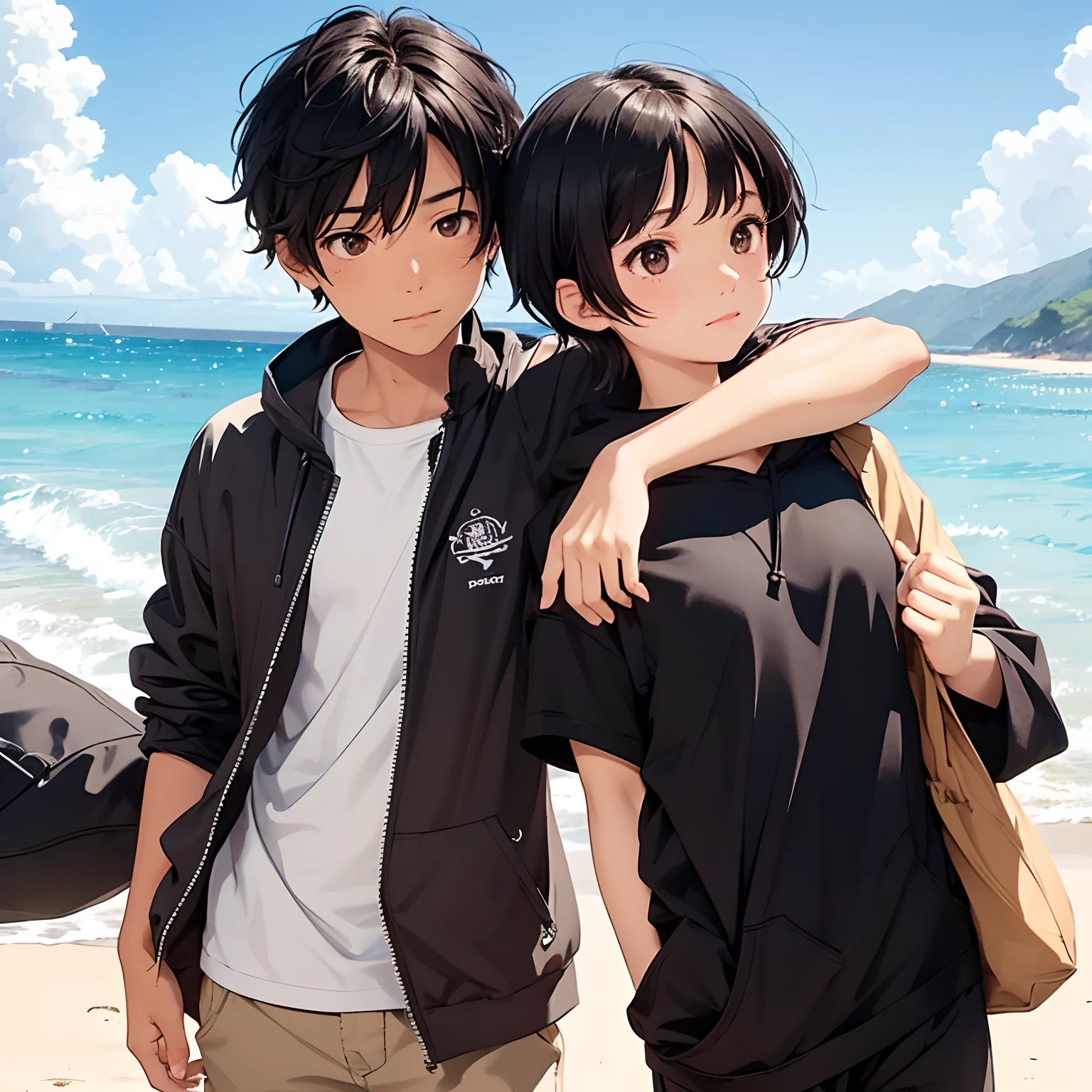 1 girl, black with medium hair, brown eyes, in beach clothes, and a boy with short black hair, brown eyes, in beach clothes, hugging her from behind, calm, warm environment, on a beach, hard drive, drawing , Animation, anime, couple.