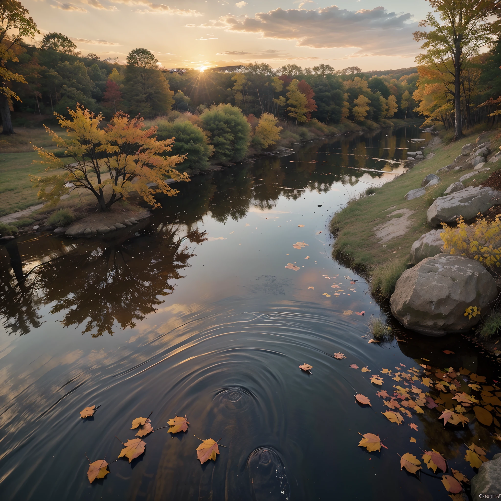 a small creek in the sunset with fall leaves around: landscape with reflective water, sunrise in background, fall foliage. The photo is taken with a Canon EOS R camera and has a cinematic, hyper-realistic quality with vibrant colors and sharp details.HDR, 32k, perfect composition , masterpiece.