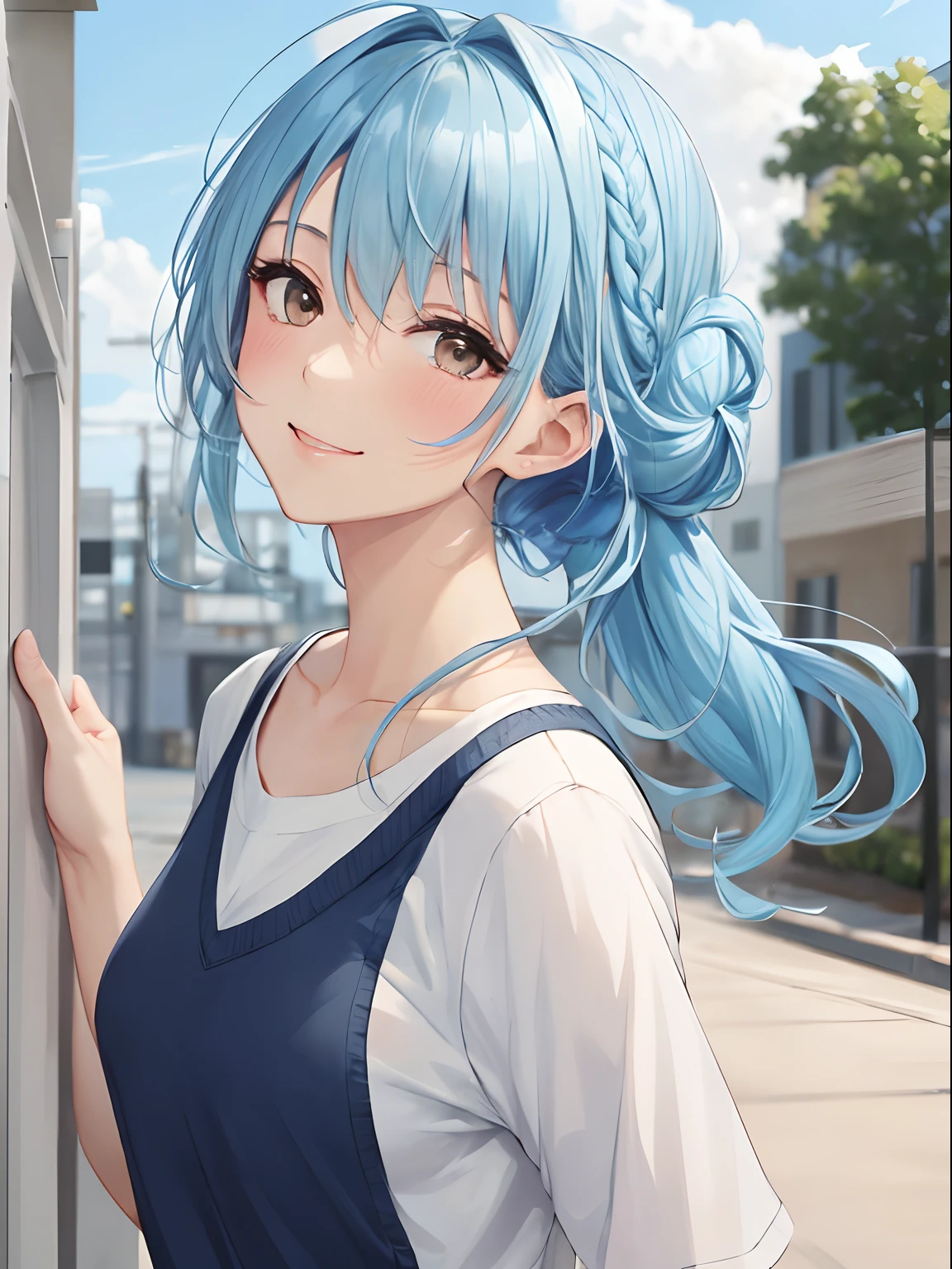 masterpiece:1.2, best quality, ((ultra detailed)), high resolution, 2d, anime style , photo, photography, detailed background, ((medium hair,light blue hair, asymmetrical hair , side braid,half updo))

BREAK
solo,(droopy eyes:1.3),thirty years old, (tall face, tall female)), (( brown eyes;1.2 )), 

BREAK 
dynamic pose,smile ,beautiful sky, cloud, background, school gym clothes
BREAK
pastel colors:1.4, solid paint:1.2, saturated color, contour