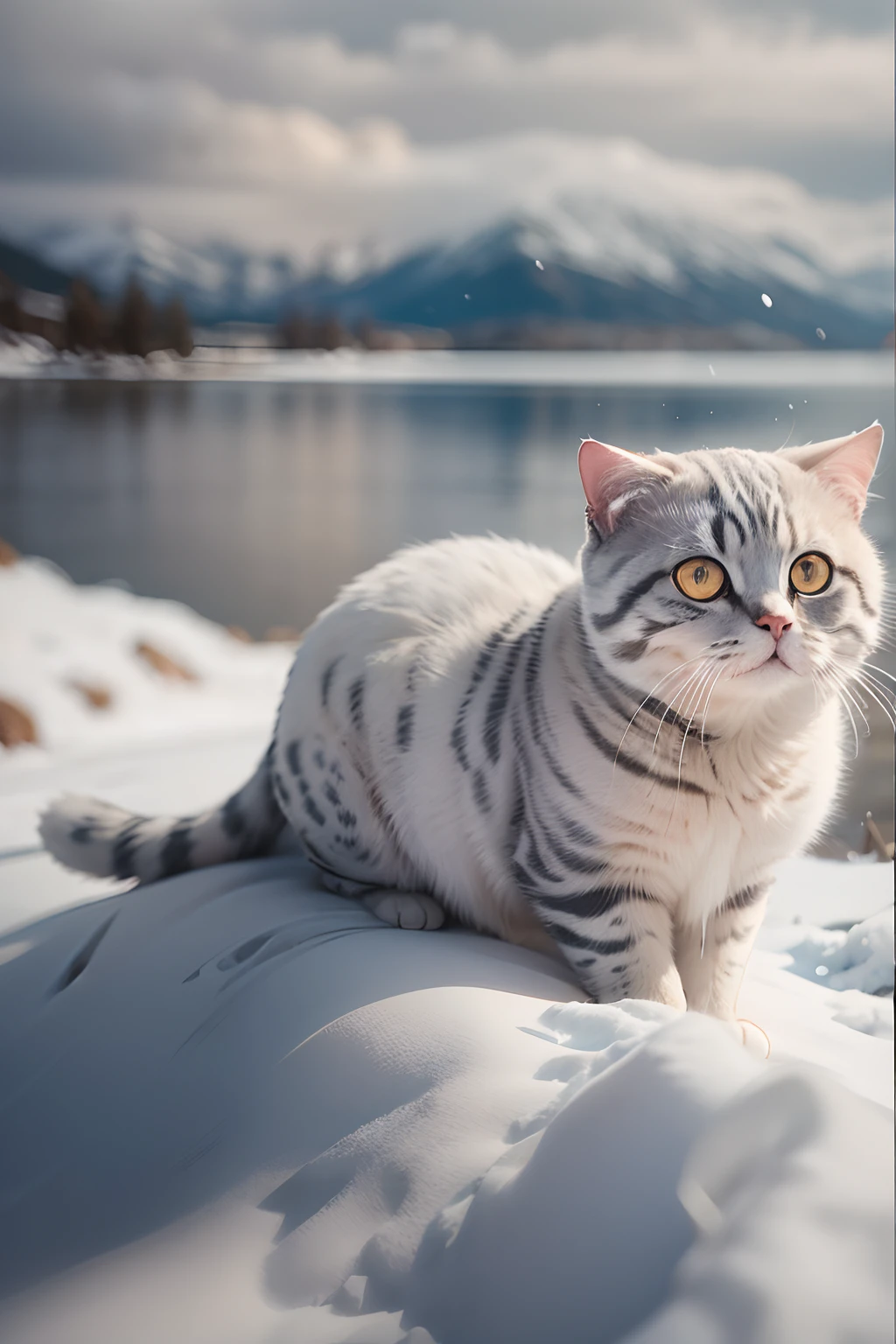 Scottish Fold cat, close up. Lakeside, snowy mountains..