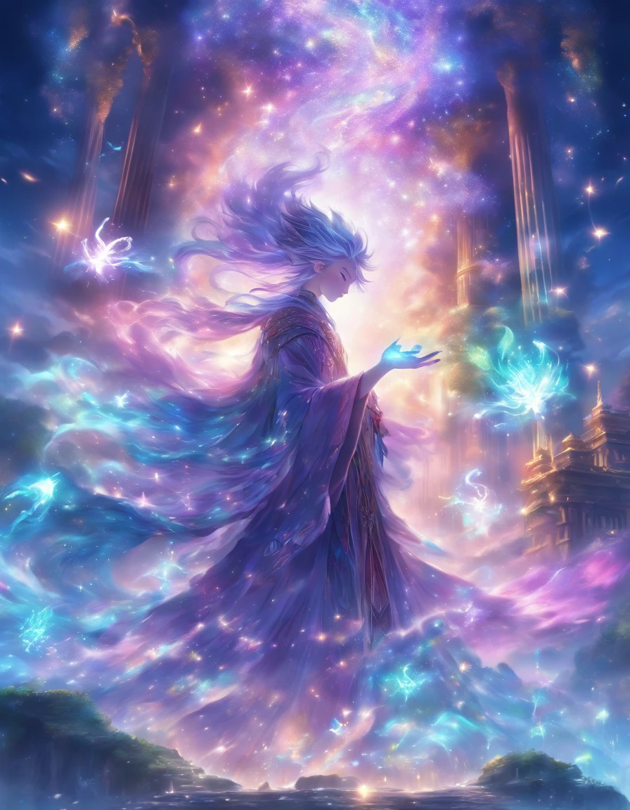 (best quality,4k,8k,highres,masterpiece:1.2),ultra-detailed,(realistic,photorealistic,photo-realistic:1.37),flamboyant colorful mage,wonderful multi colored spells,fantasy environment,magical atmosphere,sparkling lights,spellbinding,mesmerizing glow,ethereal aura,enchanting scenery,mystical elements,vibrant colors,fantastic fantasy creatures,spell-casting gestures,mystical symbols,deep purple sky,lush green foliage,twinkling stars,floating islands,shimmering waterfalls,mysterious mist,ancient ruins,floating crystals,celestial energy,whimsical atmosphere,elaborate robes,glowing staff,crystalline magic,wisps of magic,arcane knowledge,dreamlike landscape,otherworldly realms,spectacular visual effects,luminous skies,surreal dreamscapes,dynamic perspectives,impressive magical powers,intricate details,awe-inspiring beauty,dimensions of reality,unleashing untamed magic,interdimensional gateways,limitless imagination,majestic scenery,unforgettable journey.