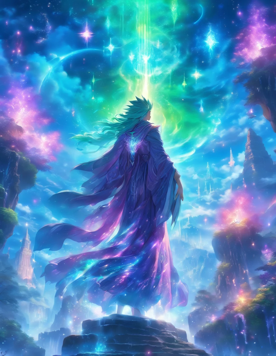 (best quality,4k,8k,highres,masterpiece:1.2),ultra-detailed,(realistic,photorealistic,photo-realistic:1.37),flamboyant colorful mage,wonderful multi colored spells,fantasy environment,magical atmosphere,sparkling lights,spellbinding,mesmerizing glow,ethereal aura,enchanting scenery,mystical elements,vibrant colors,fantastic fantasy creatures,spell-casting gestures,mystical symbols,deep purple sky,lush green foliage,twinkling stars,floating islands,shimmering waterfalls,mysterious mist,ancient ruins,floating crystals,celestial energy,whimsical atmosphere,elaborate robes,glowing staff,crystalline magic,wisps of magic,arcane knowledge,dreamlike landscape,otherworldly realms,spectacular visual effects,luminous skies,surreal dreamscapes,dynamic perspectives,impressive magical powers,intricate details,awe-inspiring beauty,dimensions of reality,unleashing untamed magic,interdimensional gateways,limitless imagination,majestic scenery,unforgettable journey.