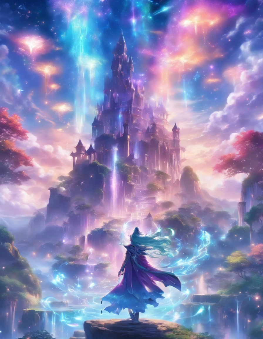 (best quality,4k,8k,highres,masterpiece:1.2),ultra-detailed,(realistic,photorealistic,photo-realistic:1.37),flamboyant colorful mage,wonderful multi colored spells,fantasy environment,magical atmosphere,sparkling lights,spellbinding,mesmerizing glow,ethereal aura,enchanting scenery,mystical elements,vibrant colors,fantastic fantasy creatures,spell-casting gestures,mystical symbols,deep purple sky,lush green foliage,twinkling stars,floating islands,shimmering waterfalls,mysterious mist,ancient ruins,floating crystals,celestial energy,whimsical atmosphere,elaborate robes,glowing staff,crystalline magic,wisps of magic,arcane knowledge,dreamlike landscape,otherworldly realms,spectacular visual effects,luminous skies,surreal dreamscapes,dynamic perspectives,impressive magical powers,intricate details,awe-inspiring beauty,dimensions of reality,unleashing untamed magic,interdimensional gateways,limitless imagination,majestic scenery,unforgettable journey.