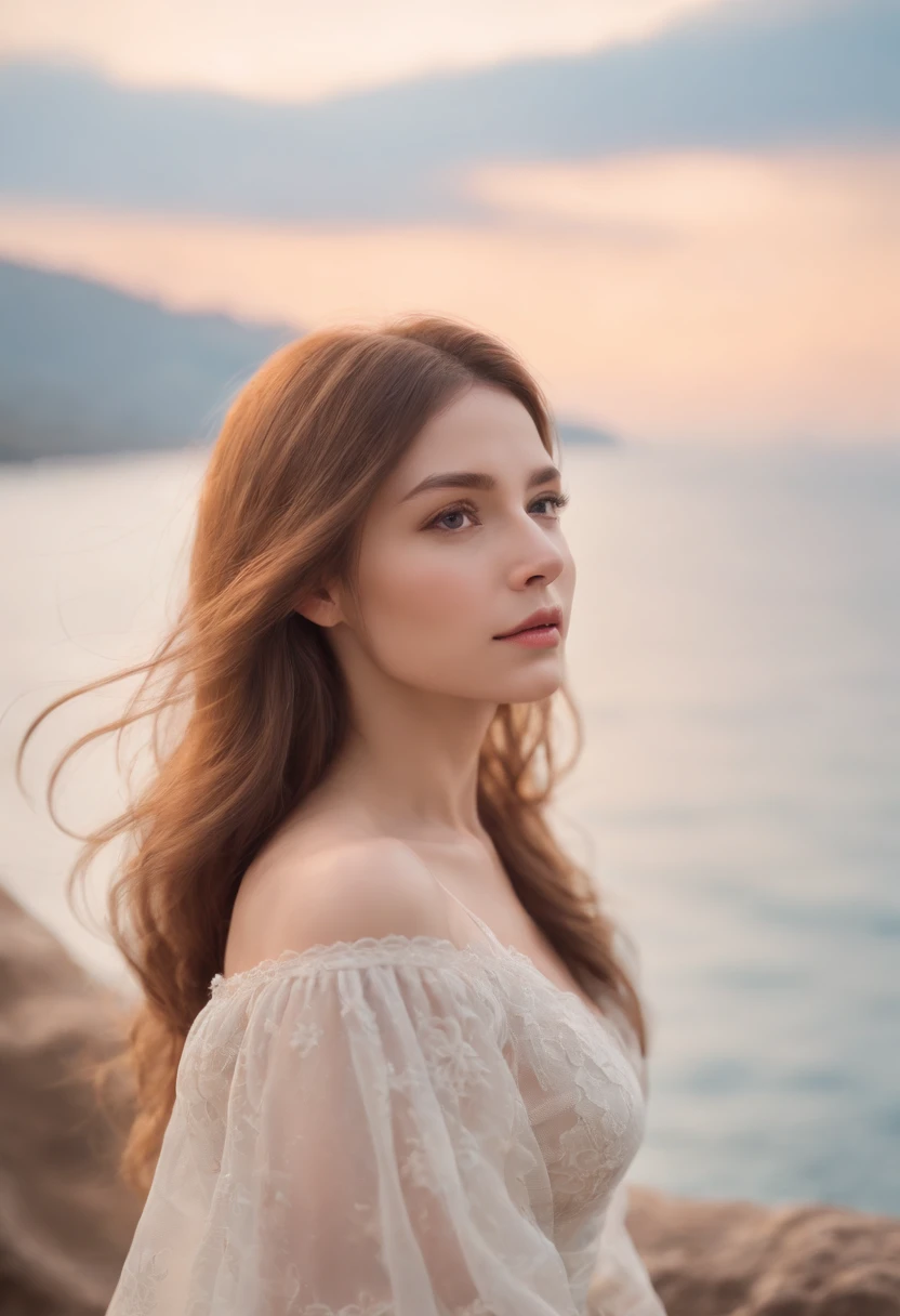 a gorgeous woman with long hair is looking at something, in the style of soft, blended brushstrokes, muted colors, realistic blue skies, light white and light amber, zbrush, romantic seascapes, elegant, emotive faces, anime art