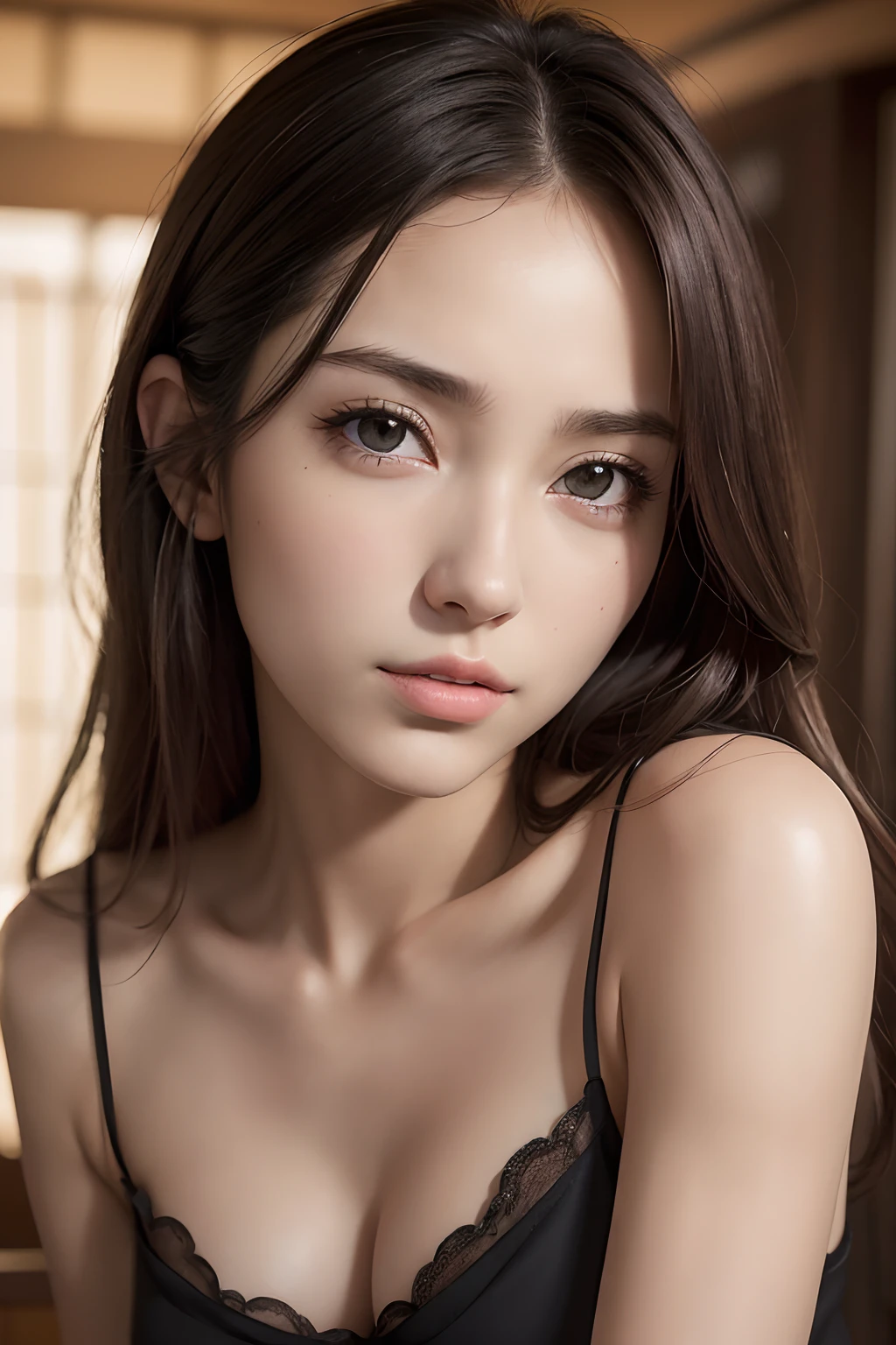 (masutepiece, Best Quality, Photorealistic, hight resolution, Photography, :1.3), Very close-up shot, Sharp Focus, 1 brunette girl, European Girl, hotmodel, Midriff, Highly detailed eyes and pupils, Realistic skin, Slim body shape, cleavage, very detail hair, Delicate sexy face, Organoleptic gas, shiny lips, ((wearing camisole)), ,The background is a town, ((Realistic, Super realistic, Realism, realistic detail))