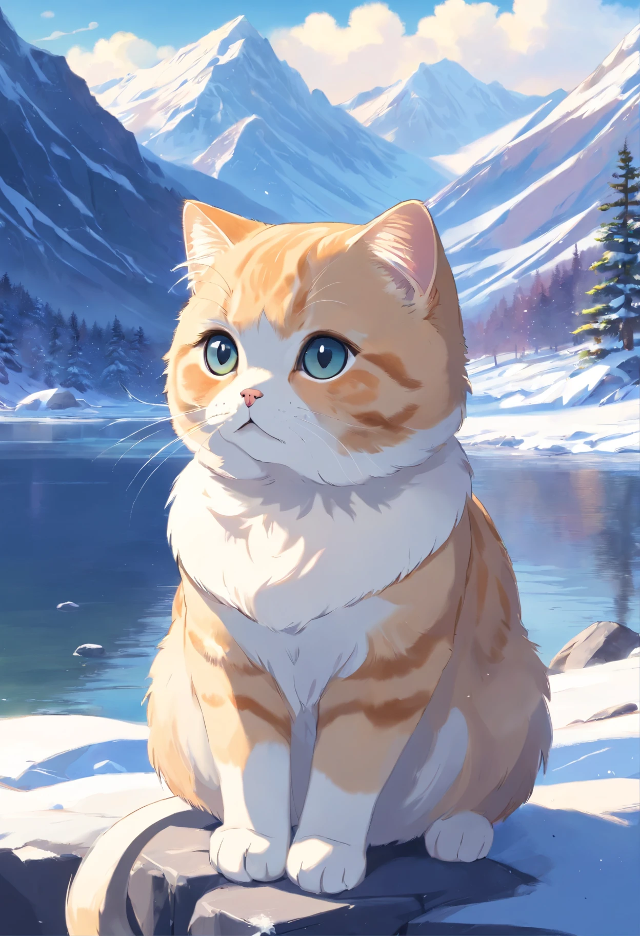 Scottish Fold cat, Close-up. Lakeside, snowy mountains..