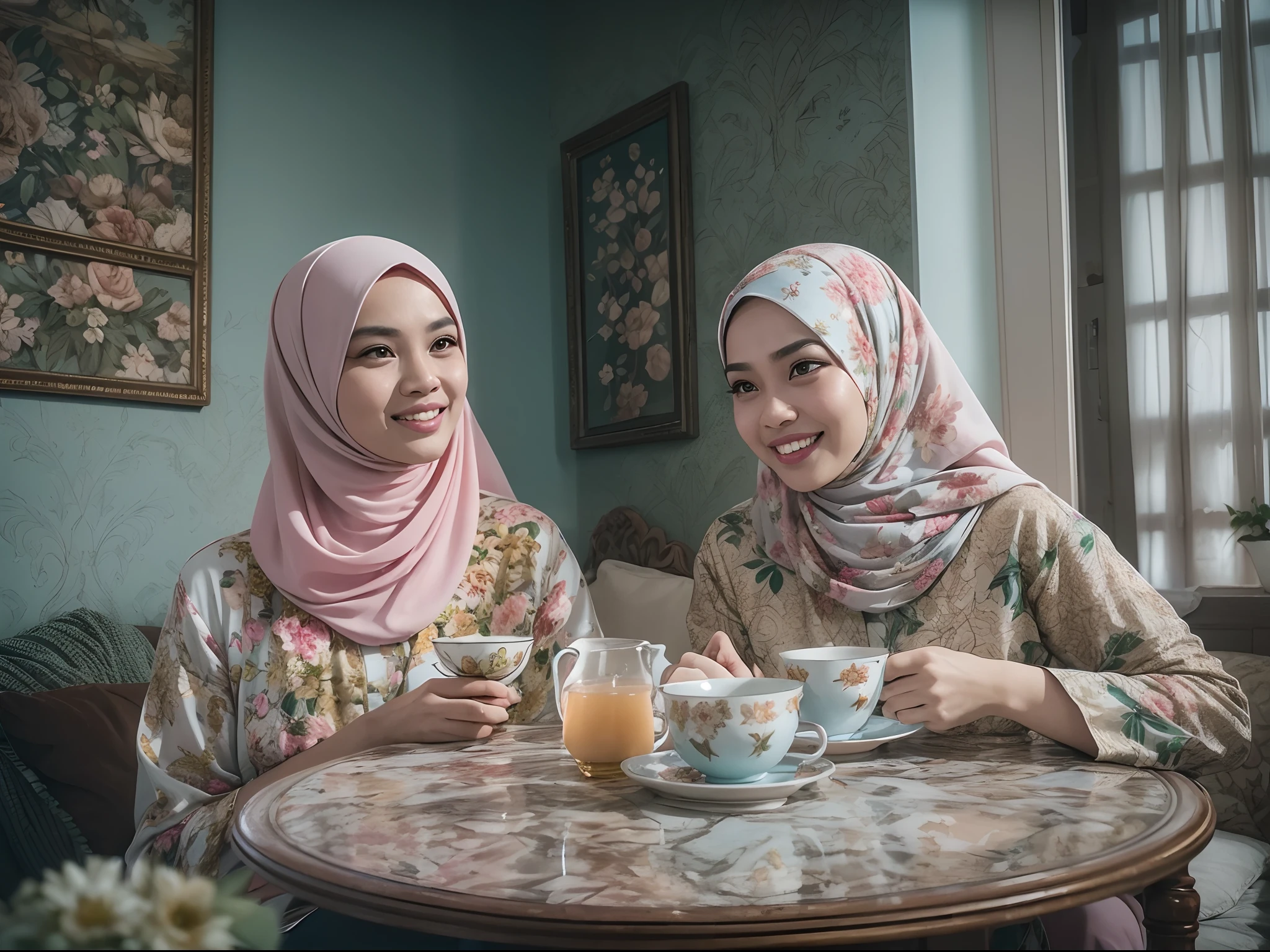 2 Matured malay women seating in the the cafe drinking coffee, wearing hijab and tight baju kurung, smiling, matured, 40 years old, perfect body, matured body, detail skin texture, professional lighting, bokeh, nighttime, soft lighting, blur background, portrait photography, medium shot