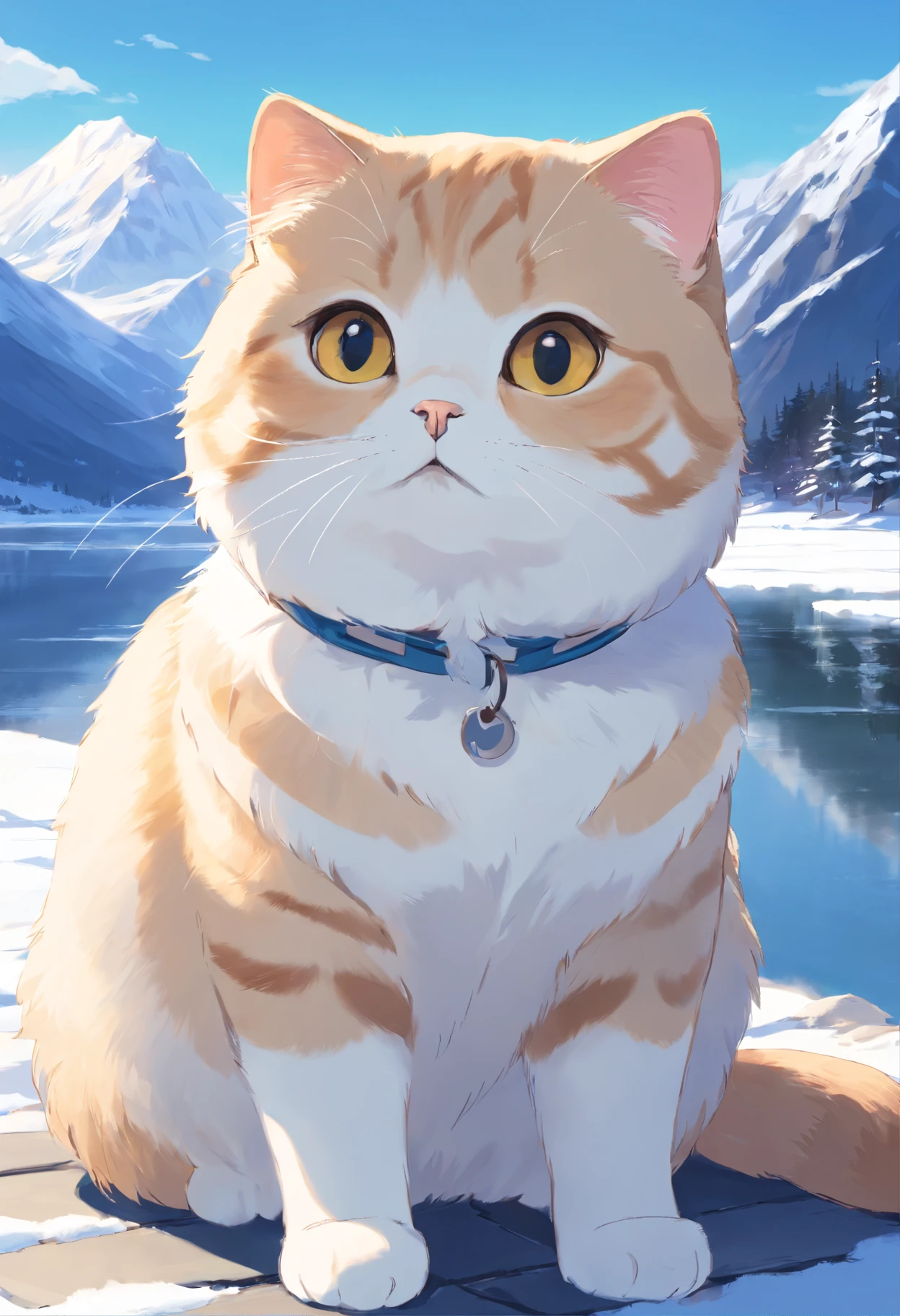 Scottish Fold cat, Close-up. Lakeside, snowy mountains..