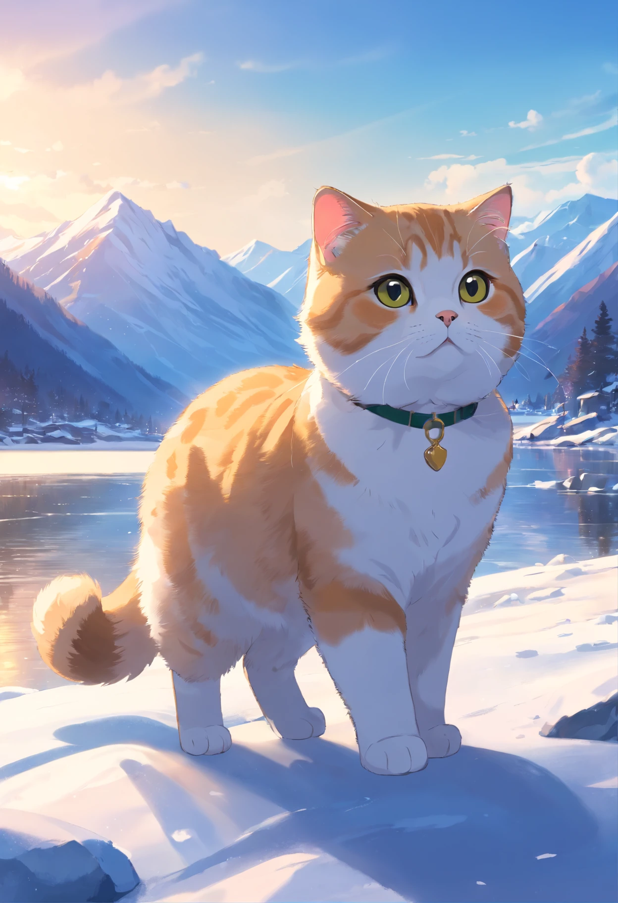 Scottish Fold cat, close up. Lakeside, snowy mountains..
