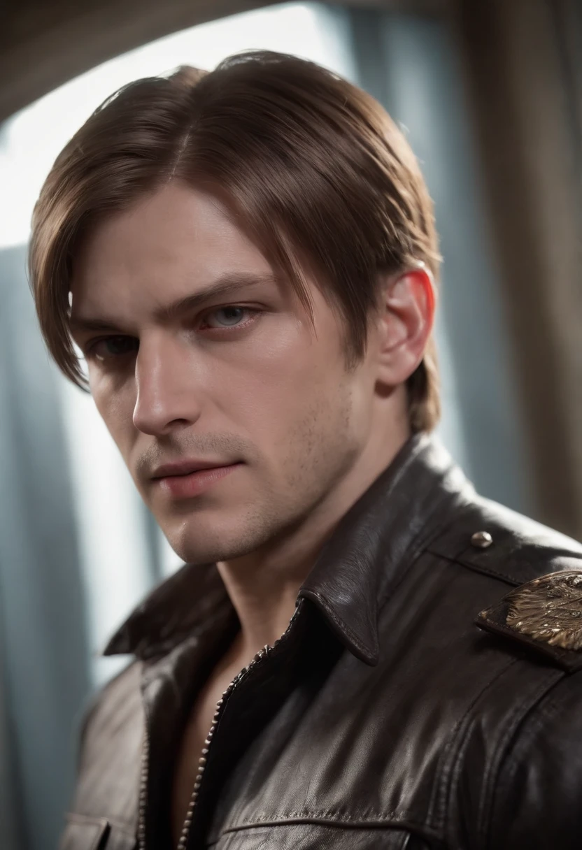 Realistic Leon scott kennedy from resident evil 4 the remake in a fisheye camera lens and bright lighting