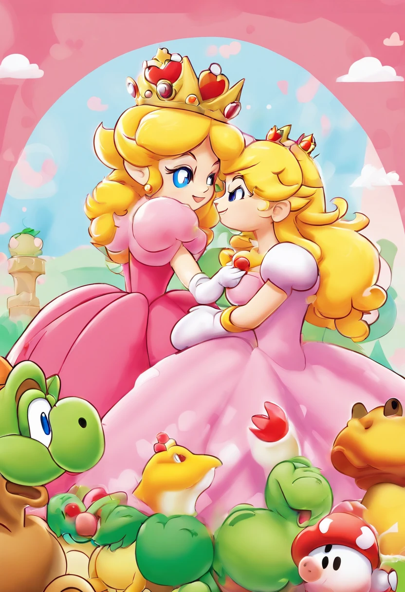 pov, princess peach, princess daisy, 2girls, licking penis, gloves, foreskin, short hair daisy, from above, yellow dress, pink dress, brown hair, blonde