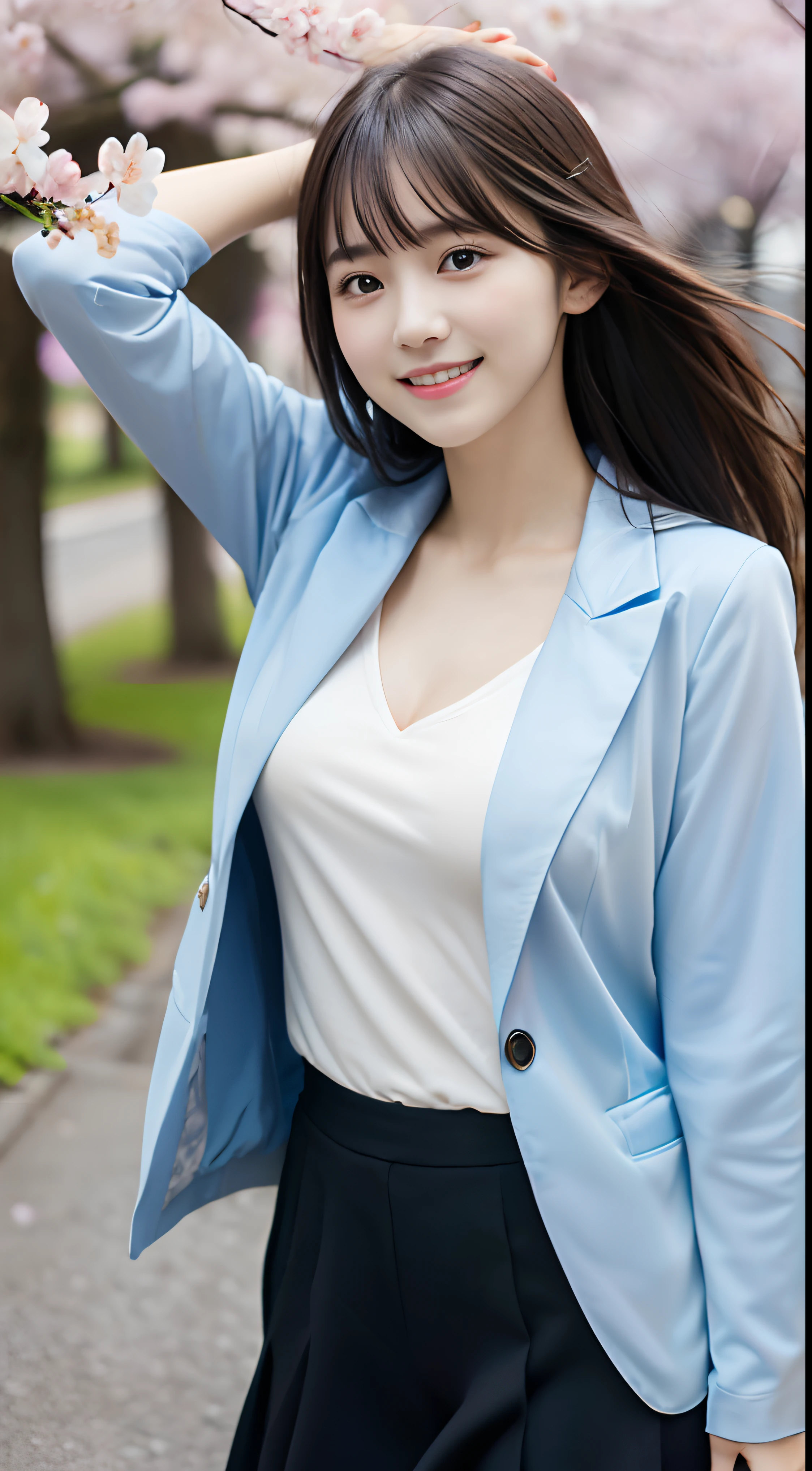 (Close-up portrait of a girl with slender small breasts and long hair with dull bangs in pastel color jacket and shirt:1.5)、(Dancing with a smile、Girl with hair fluttering in the wind :1.5)、(Blue sky and cherry blossoms in full bloom:1.5)、(cleavage of the breast:1.1)、(Perfect Anatomy:1.3)、(No mask:1.3)、(complete fingers:1.3)、Photorealistic、Photography、masutepiece、top-quality、High resolution, delicate and pretty、face perfect、Beautiful detailed eyes、Fair skin、Real Human Skin、((thin legs))、(Dark hair)