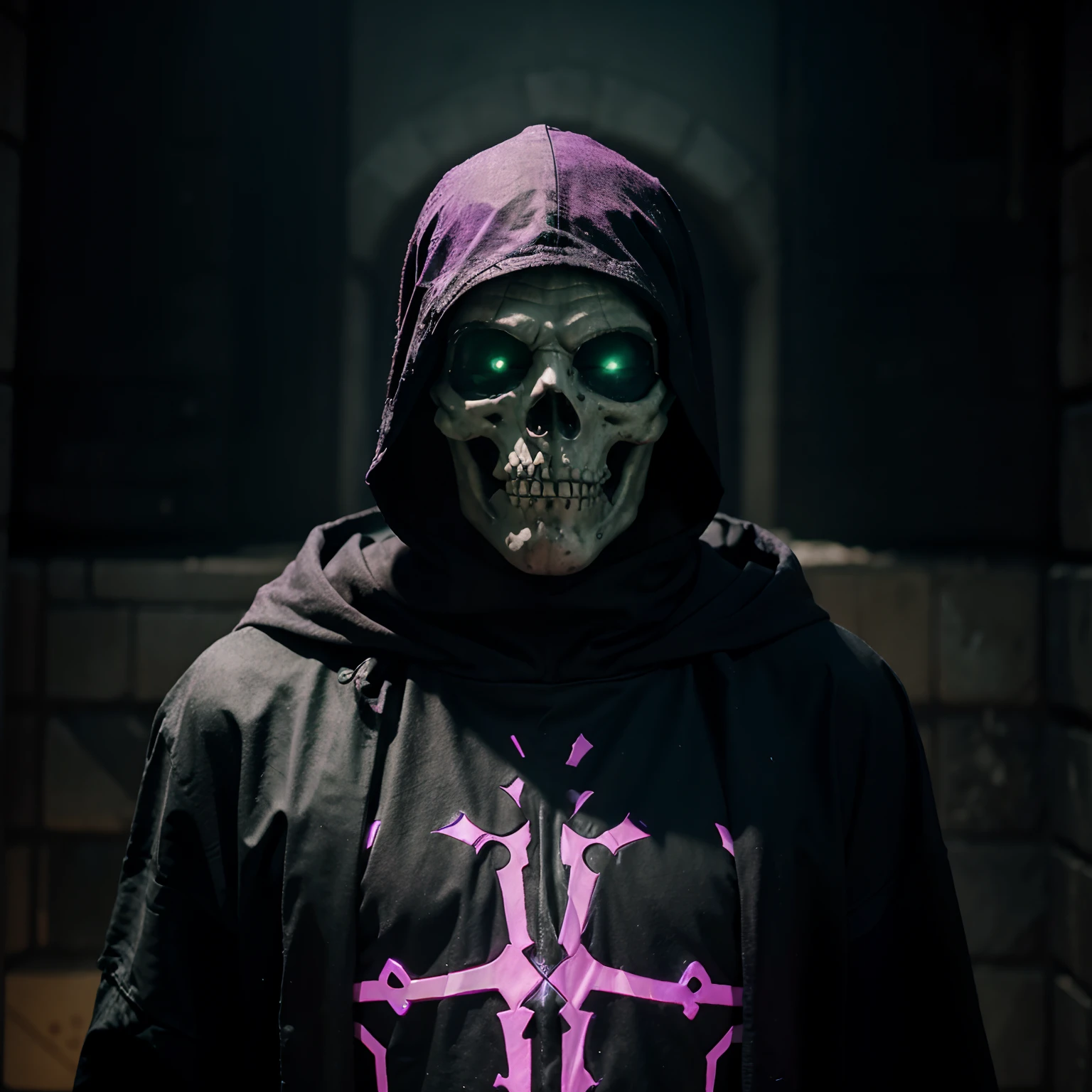 Necromancer that looks like doctor doom who's body is a skeleton, colors primarily purple with accents of neon green