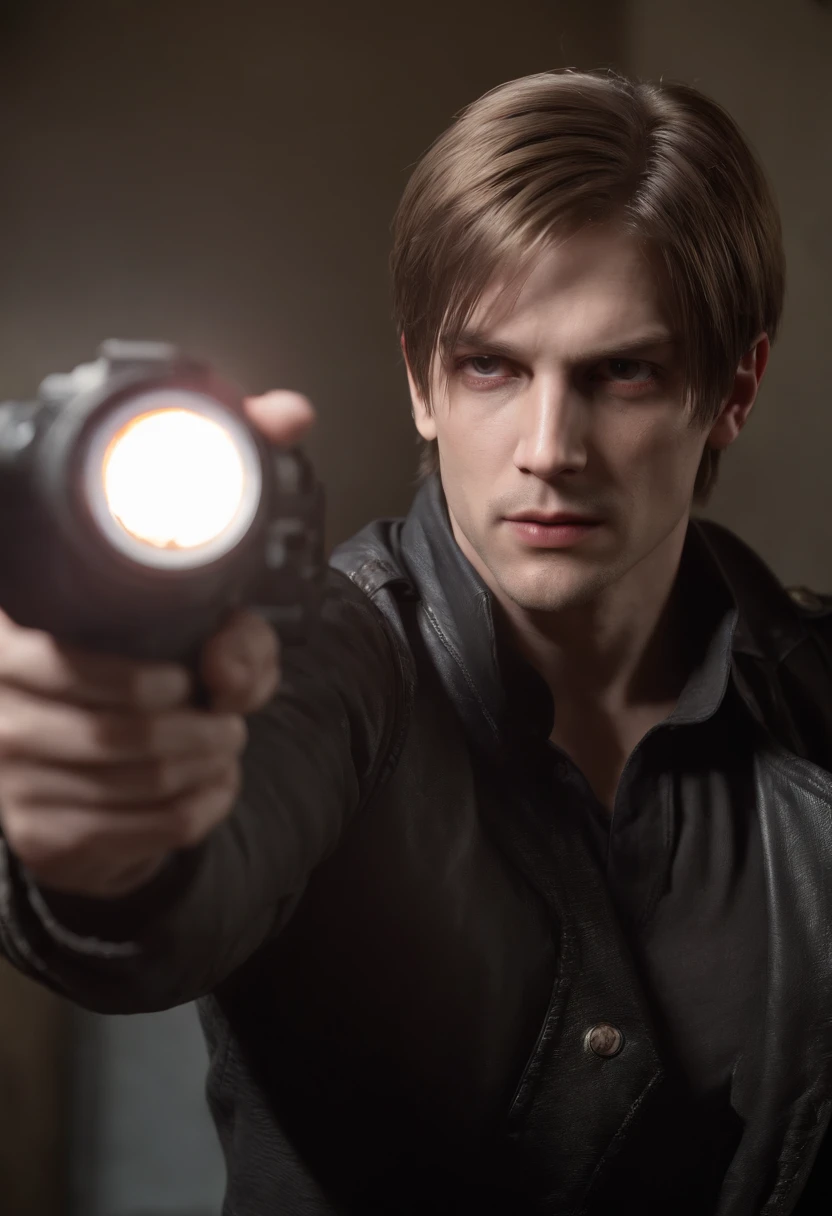 Realistic Leon scott kennedy from resident evil 4 the remake in a fisheye camera lens and bright lighting