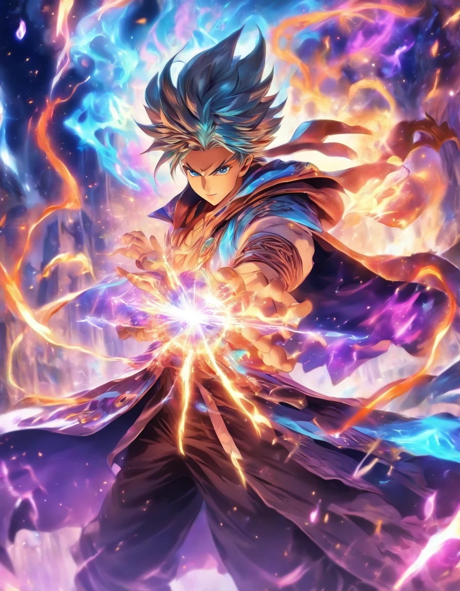 Male mage casting multi colored spells, fighting monsters and weilding a magical, powerful weapon