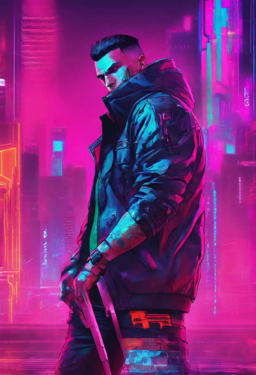 1 Muscular man, ((Cyberpunk 2077 inspired style)), Short hair, Black hair, Left eye scarred