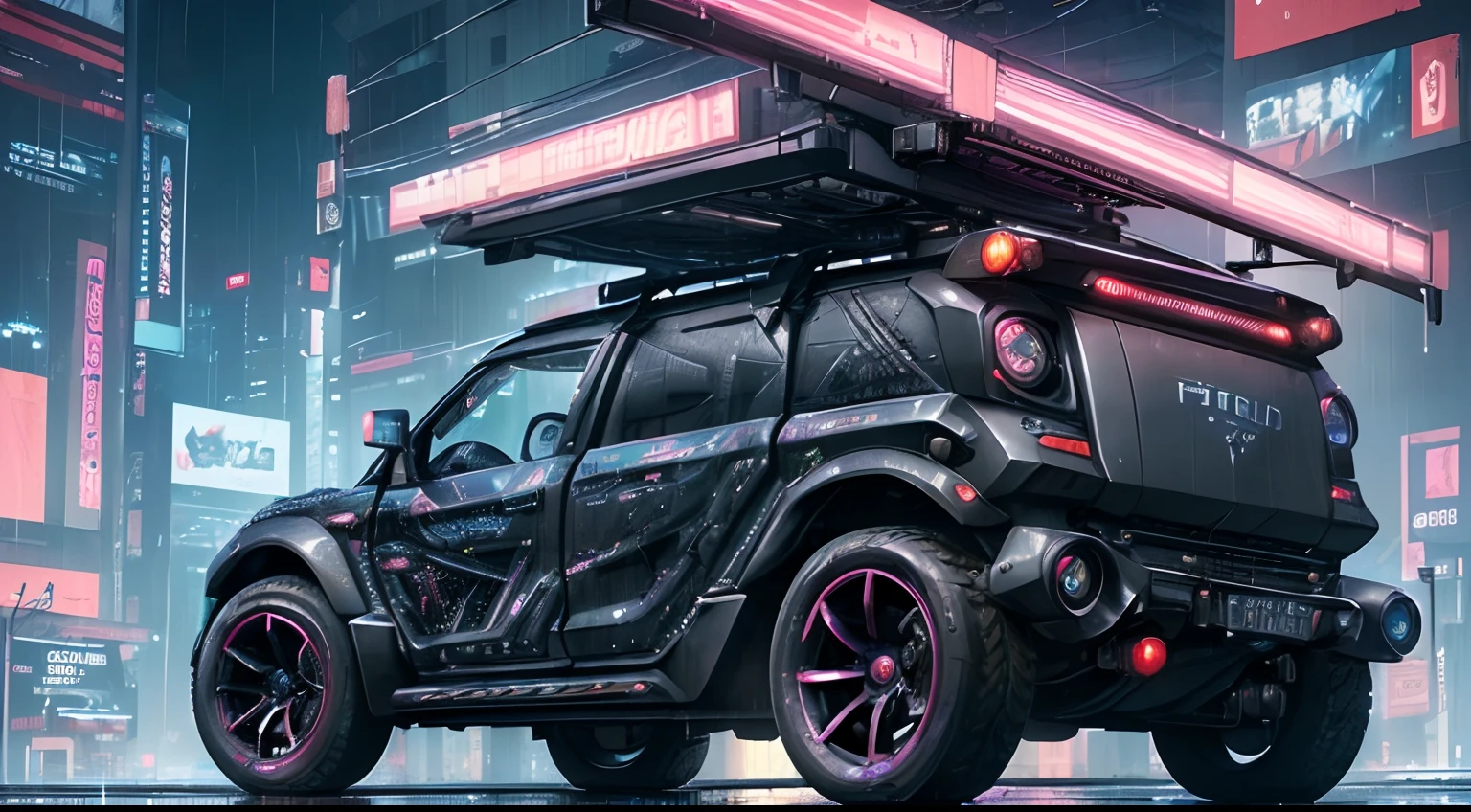 (late at night raining:1.3), (detailed beautiful skin textures, detailed beautiful face, ultra detailed clothing textures), , (Cyberpunk:1.4), , (an ultra detailed (cyberpunk custumed:1.5) and 2-doors (very small utility vehicle:1.5) with (loads on roof racks:1.3) and (cargo on the back:1.3) and letter-tyres:1.3), , (3/4 front view, The car is in the right corner of the frame:1.5), (at a parking area, an ultra detailed Night City of Cyberpunk), (All cars are cyberpunk cars:1.2), , (softlighting) , (masterpiece, best quality:1.4, 8k, ultra detailed, illustration, distinct_image, intricate_details, delicate illustration), (realistic:0.15), in the style of cybernetic enigma, diagonal shot