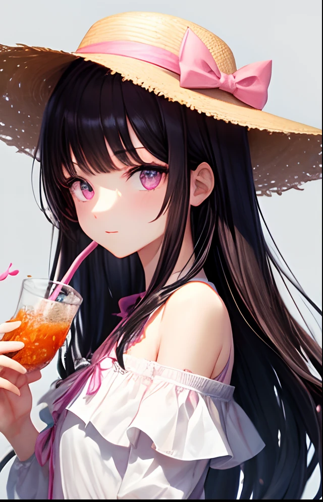 girl with、No background、without background、Background through、A dark-haired、The long-haired、Subject bangs、Pattsun bangs、Aligned bangs、Sareme、Sauce order、Pink eyes、Pink eyes、White Dress、Shoulder out、a straw fedora hat、bow ribbon、kawaii、No background