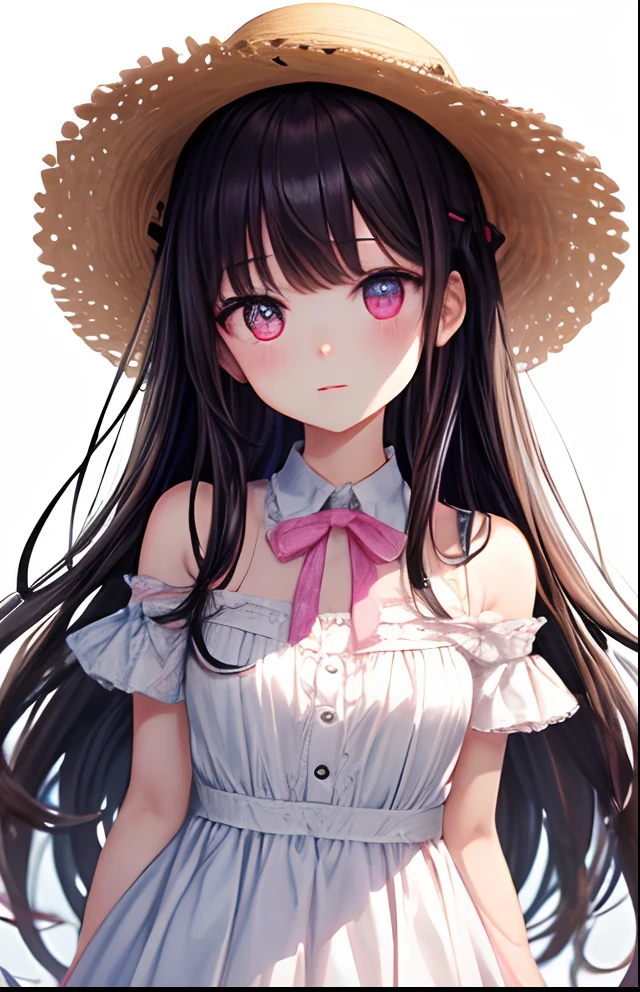 girl with、No background、without background、Background through、A dark-haired、The long-haired、Subject bangs、Pattsun bangs、Aligned bangs、Sareme、Sauce order、Pink eyes、Pink eyes、White dress、Shoulder out、a straw fedora hat、bow ribbon、kawaii、No background