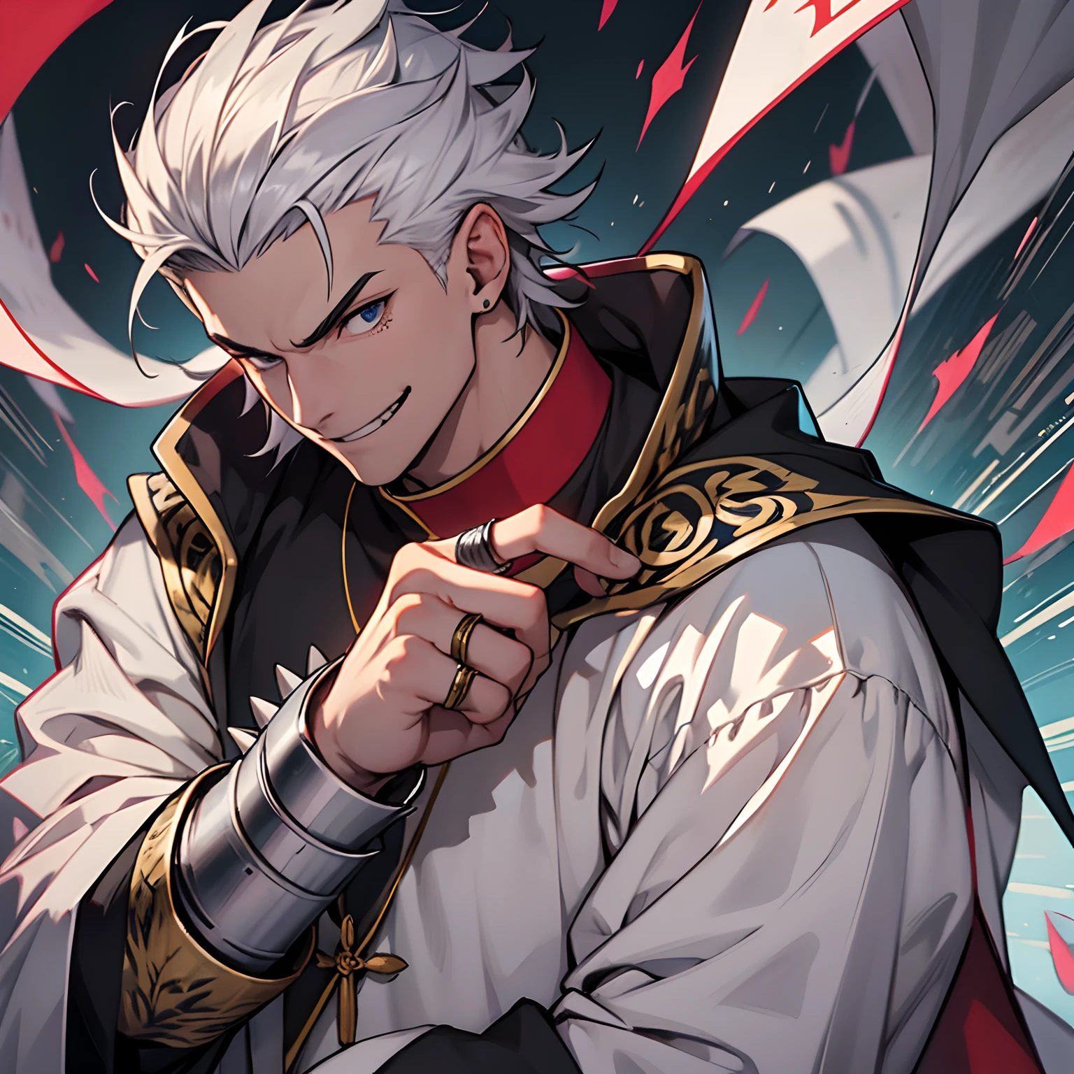 Spikey Head、silber hair、male in his 20s、well-muscled、cruel、Evil face、Triumphant smile、White monastic vestments、clergyman、Good at fighting、He wears rings on all his fingers