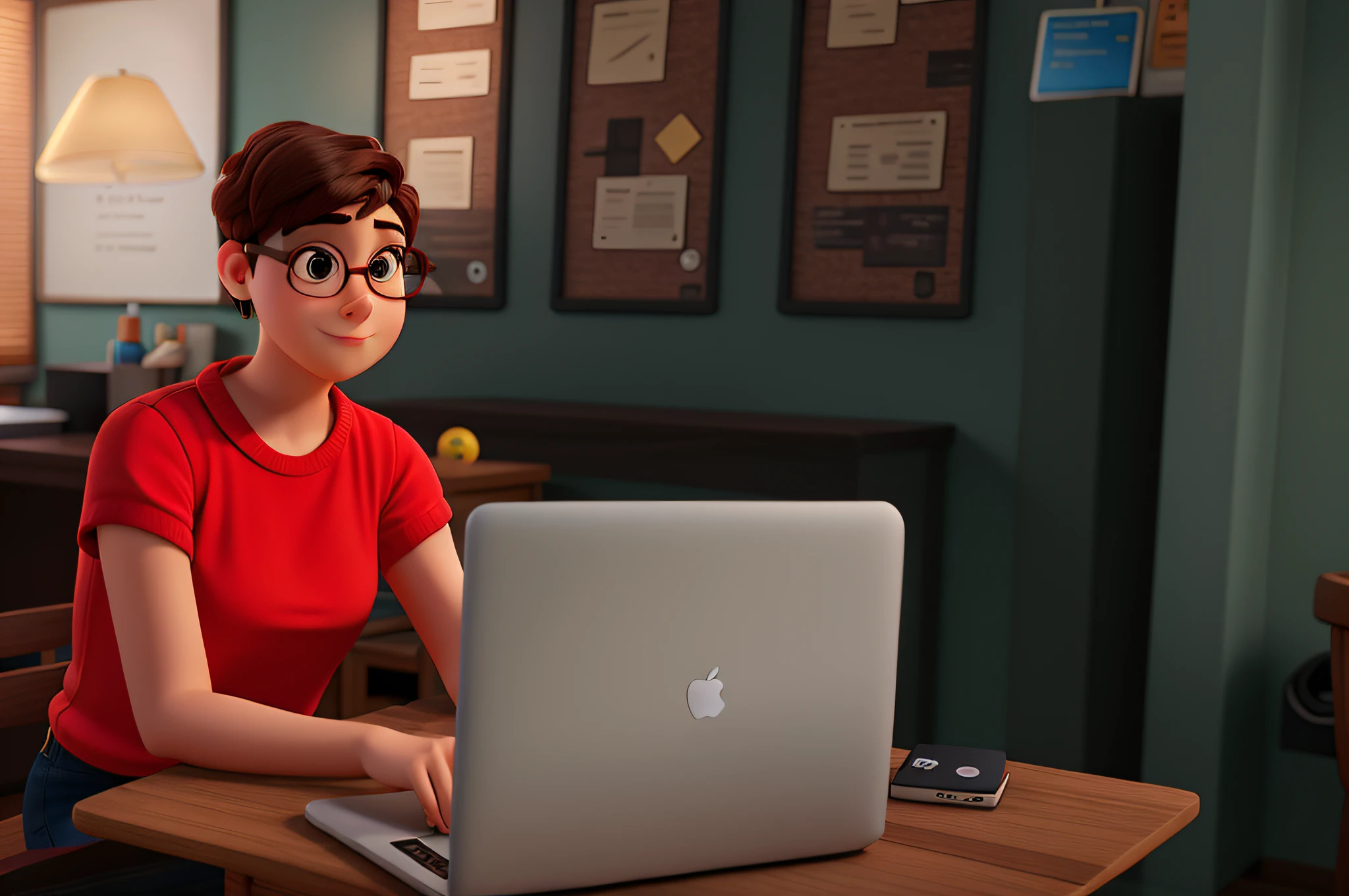A woman with short hair and round glasses Disney Pixar style, alta qualidade, melhor qualidade