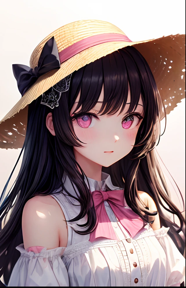 girl with、No background、without background、Background through、A dark-haired、The long-haired、Subject bangs、Pattsun bangs、Aligned bangs、Sareme、Sauce order、Pink eyes、Pink eyes、White dress、Shoulder out、a straw fedora hat、bow ribbon、kawaii、No background