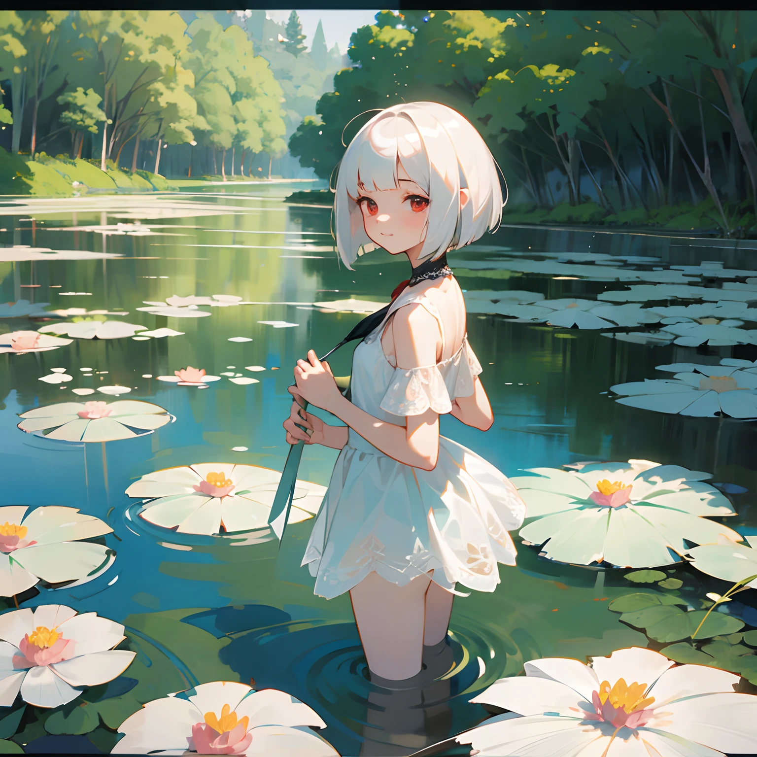 white hair girl、Fluffy bob cut、Red eyes、Soft smile、Splashing in the shallow waters of the lake、Surrounded by flowers and plants、A girl about 18 years old、Lace tops with a large open back、shortpants、Inviting them to play with you