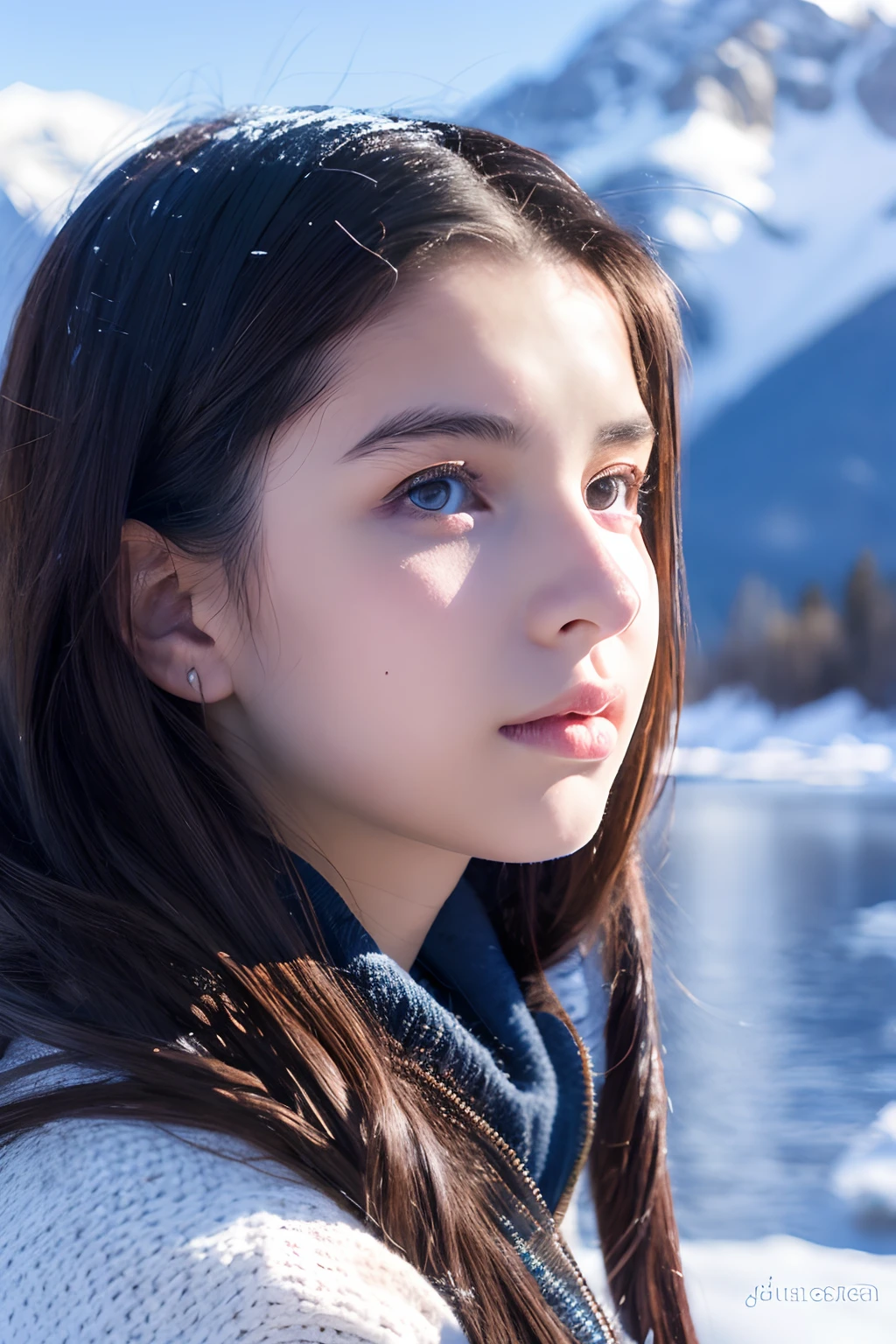 20-year-old girl, close up. Lakeside, snowy mountains..