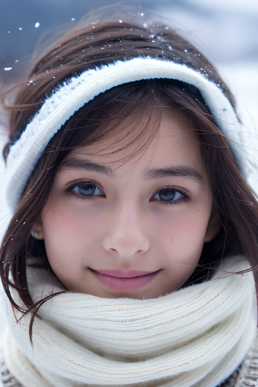 20-year-old girl, close up. Lakeside, snowy mountains..