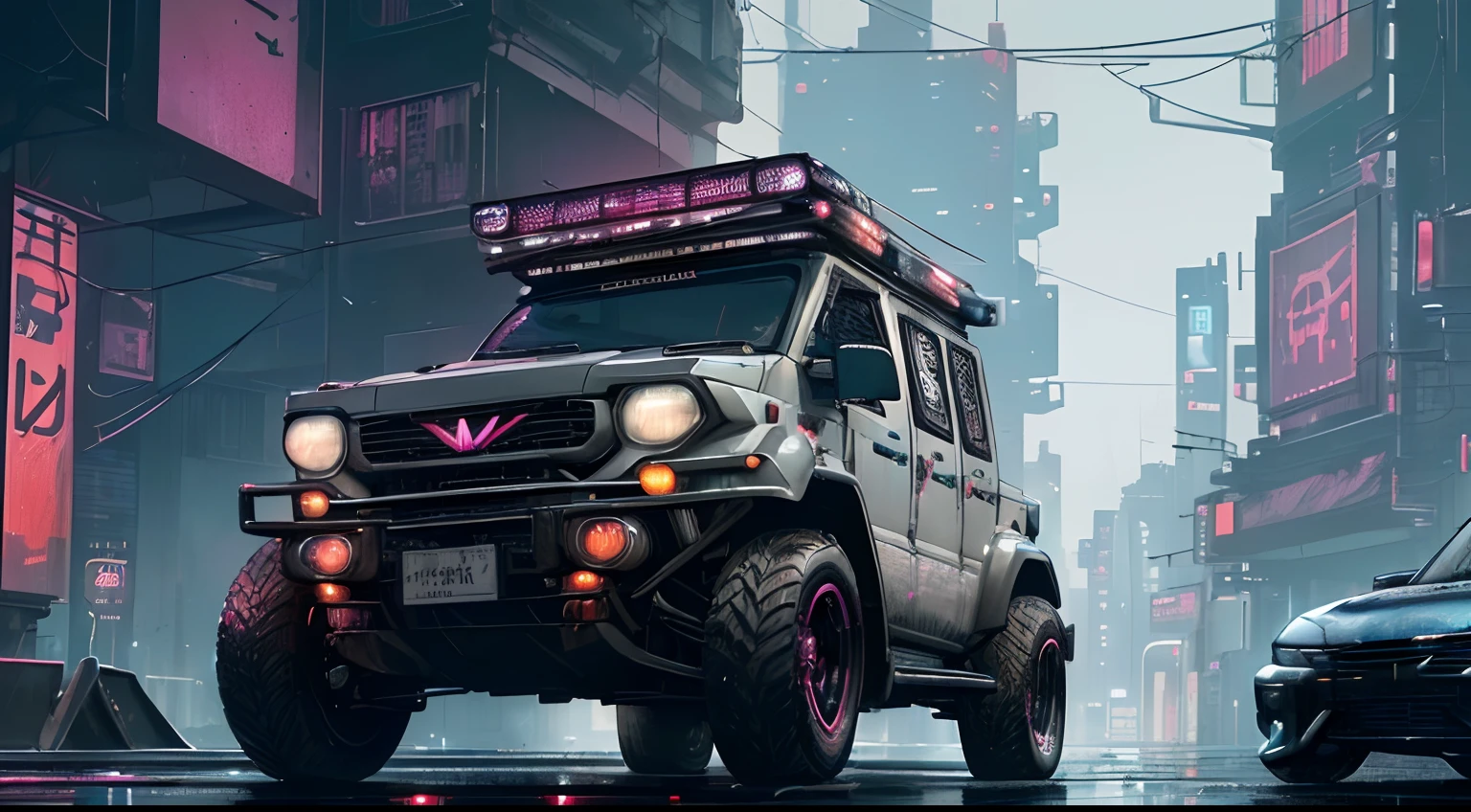 (late at night raining:1.3), (detailed beautiful skin textures, detailed beautiful face, ultra detailed clothing textures), , (Cyberpunk:1.4), , (an ultra detailed (cyberpunk custumed:1.5) and 2-doors (very small utility vehicle:1.5) with (loads on roof racks:1.3) and (cargo on the back:1.3) and letter-tyres:1.3), , (3/4 front view, The car is in the right corner of the frame:1.5), (at a parking area, an ultra detailed Night City of Cyberpunk), (All cars are cyberpunk cars:1.2), , (softlighting) , (masterpiece, best quality:1.4, 8k, ultra detailed, illustration, distinct_image, intricate_details, delicate illustration), (realistic:0.15), in the style of cybernetic enigma, diagonal shot