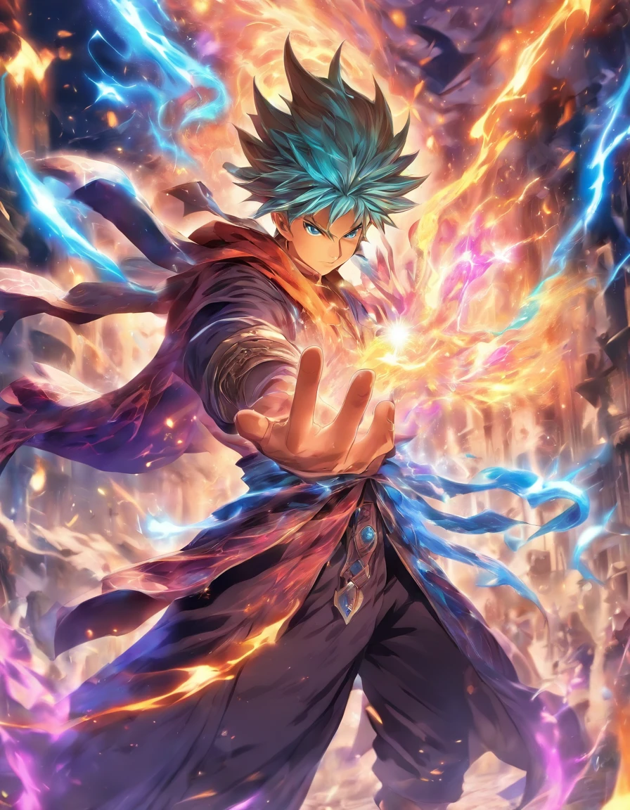 Male mage casting multi colored spells, fighting monsters and weilding a magical, powerful weapon